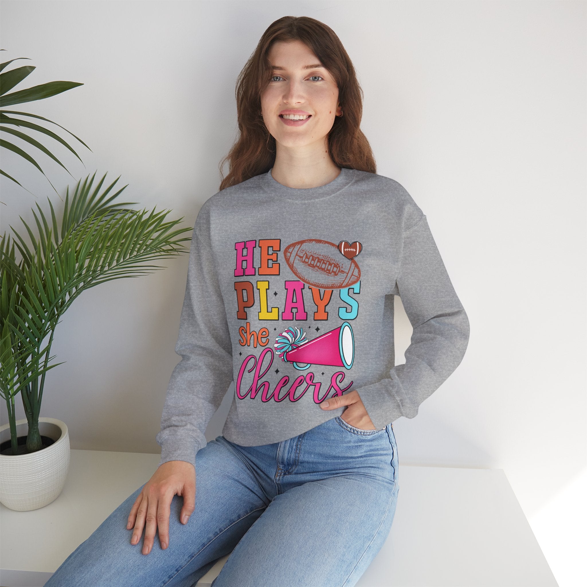 HE PLAYS, SHE CHEERS, Football/Cheer Mom or Dad Sweatshirt, Unisex Crewneck Sweatshirt, Perfect for Game Days, Sports Fan Apparel, Cozy Sweatshirt Gift, Football