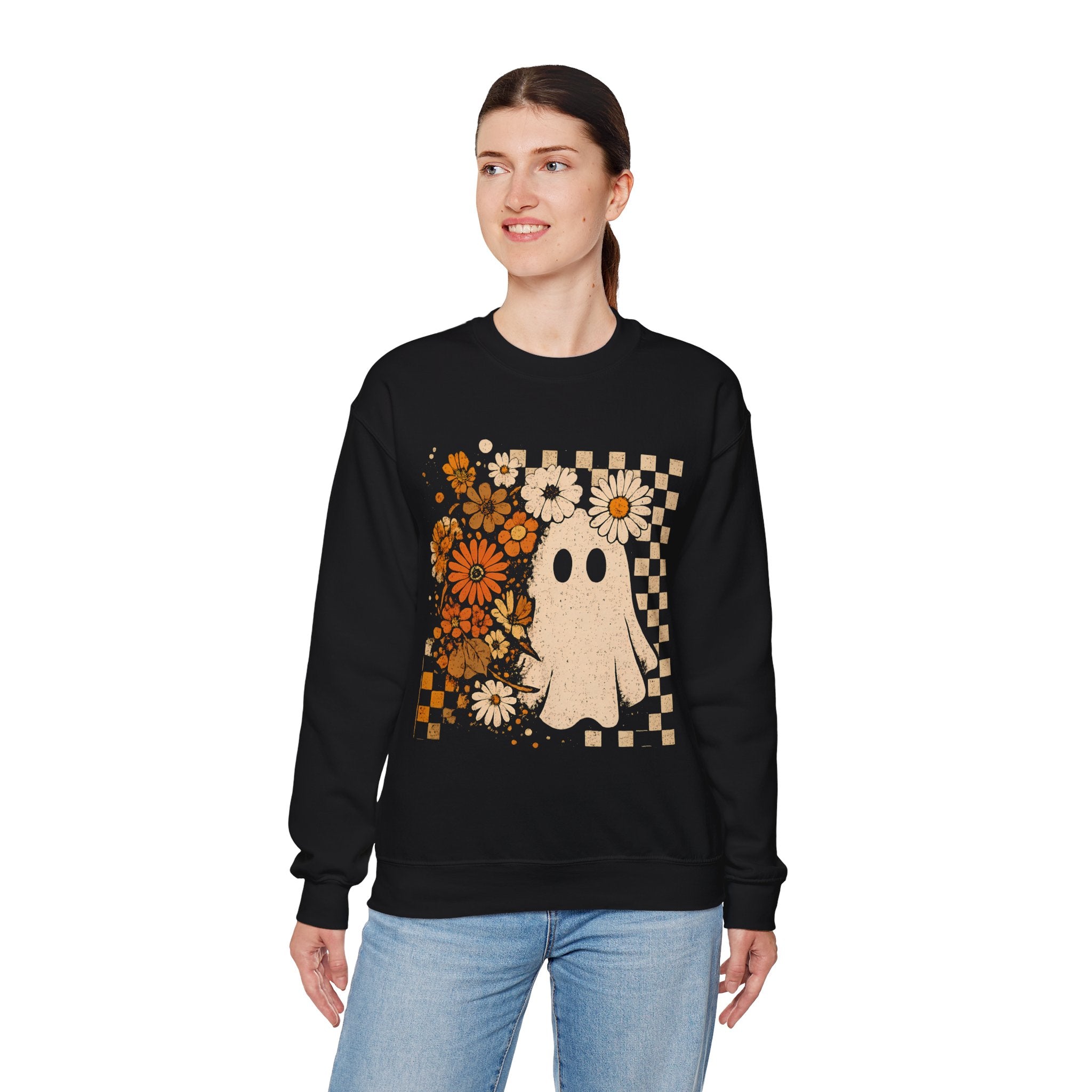 Ghost with flowers and Checkerboard background, Unisex Crewneck, Fall Fashion, Spooky Season Gift, Themed Clothing