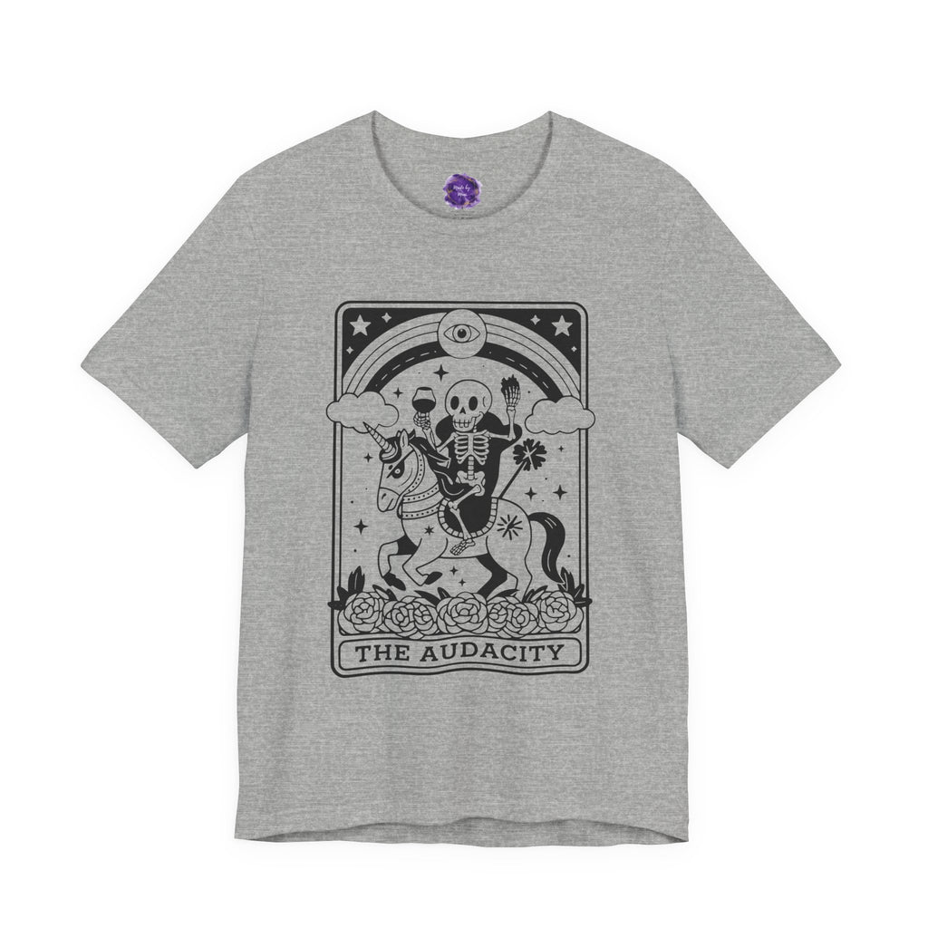 THE AUDACITY, Tarot card, Skeleton Unicorn Tee: The Audacity, Fun Graphic Tee, Unisex Fashion, Casual Outfit, Gift for Halloween, Unique T-Shirt