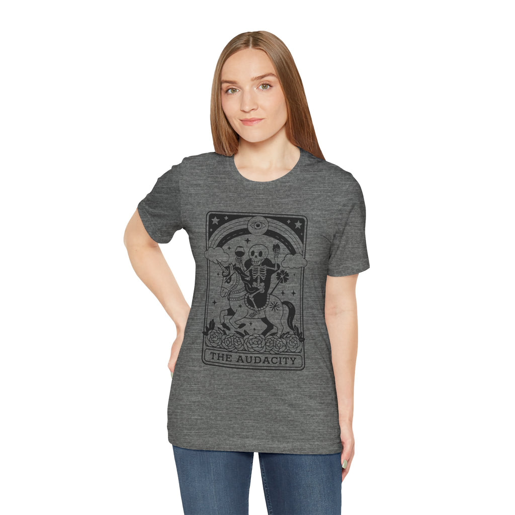THE AUDACITY, Tarot card, Skeleton Unicorn Tee: The Audacity, Fun Graphic Tee, Unisex Fashion, Casual Outfit, Gift for Halloween, Unique T-Shirt