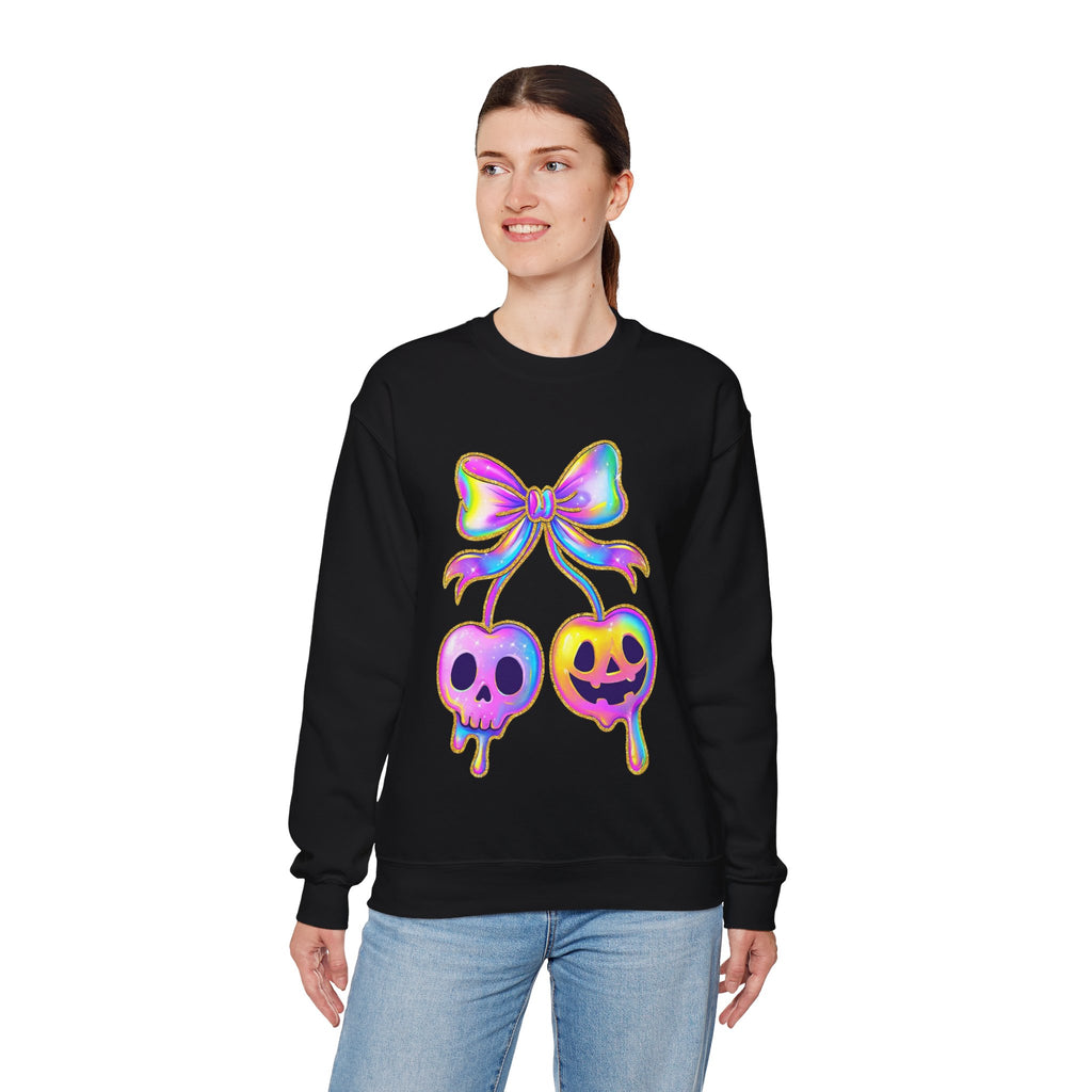 Bow with Skull and Pumpkin, Halloween Sweatshirt, Ghosts, Pink Pumpkins and Flowers, Cozy Halloween Apparel, Unisex Crewneck, Fall Fashion, Spooky Season Gift, Themed Clothing