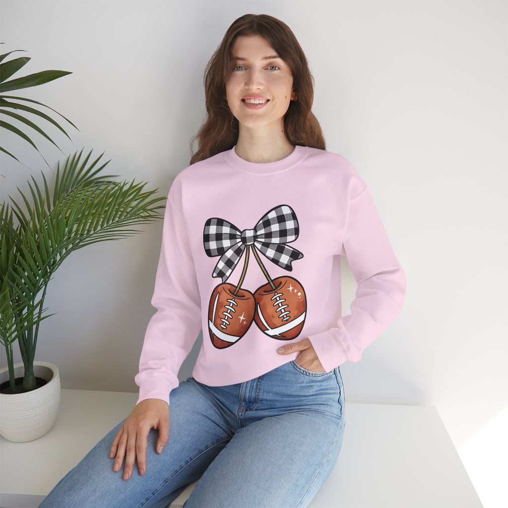 Checkered Coquette Bow, Football themed "Cherries", Unisex Crewneck Sweatshirt, Perfect for Game Days, Sports Fan Apparel, Cozy Sweatshirt Gift, Football