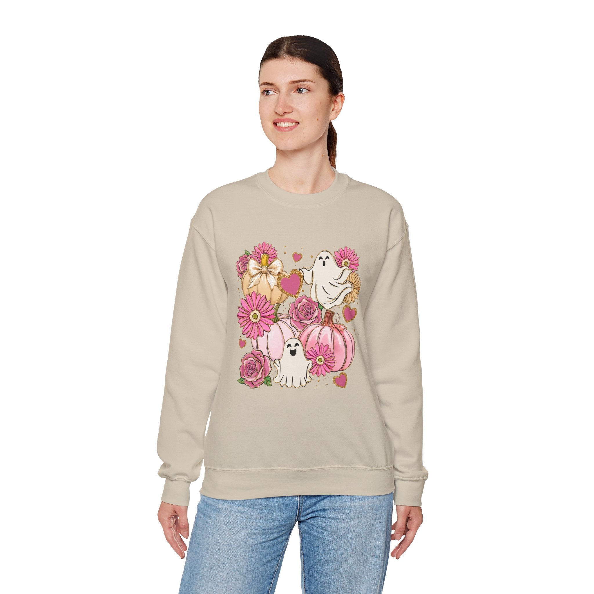 Halloween Sweatshirt, Ghosts, Pink Pumpkins and Flowers, Cozy Halloween Apparel, Unisex Crewneck, Fall Fashion, Spooky Season Gift, Themed Clothing