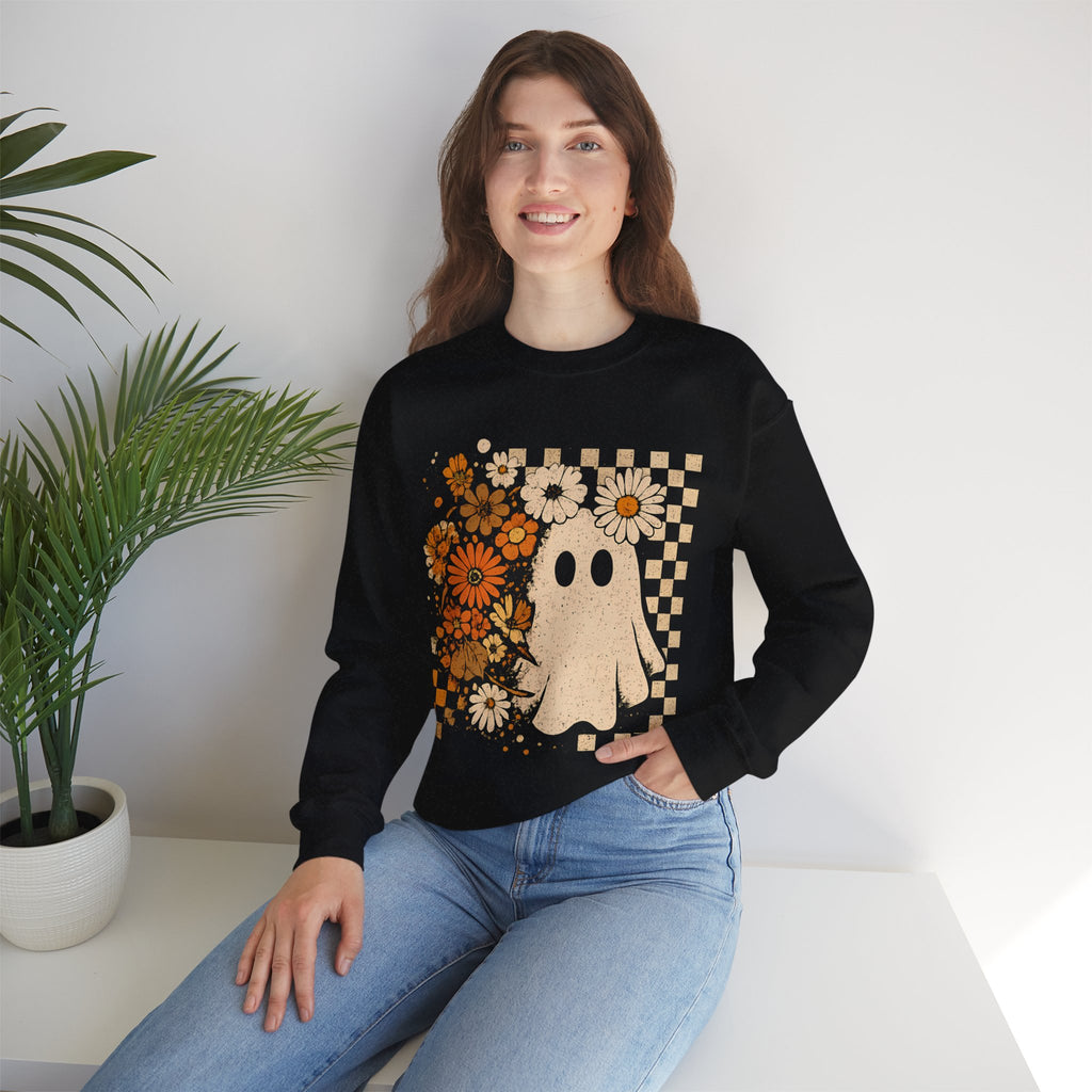 Ghost with flowers and Checkerboard background, Unisex Crewneck, Fall Fashion, Spooky Season Gift, Themed Clothing