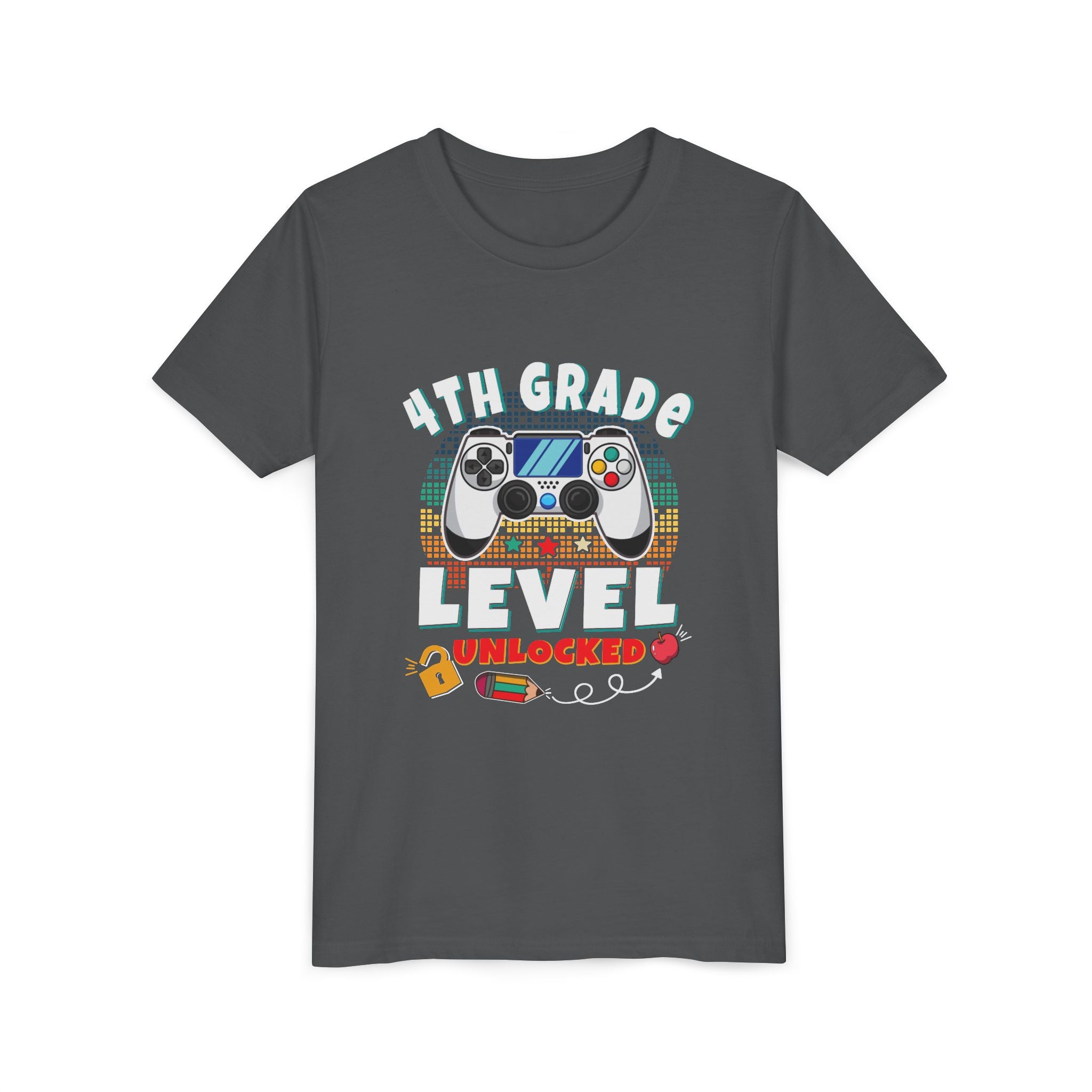 4th GRADE LEVEL UNLOCKED Youth Tee - Fun T-Shirt, Gaming Shirt, Kids Birthday Gift, Back to School, Video Game Lover