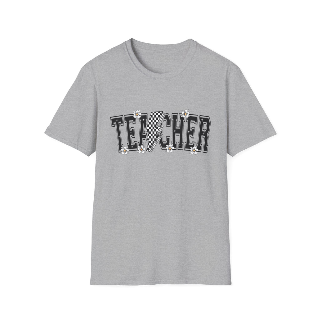 TEACHER  Unisex T-Shirt - lightning bolt, black and white checker, small flowers