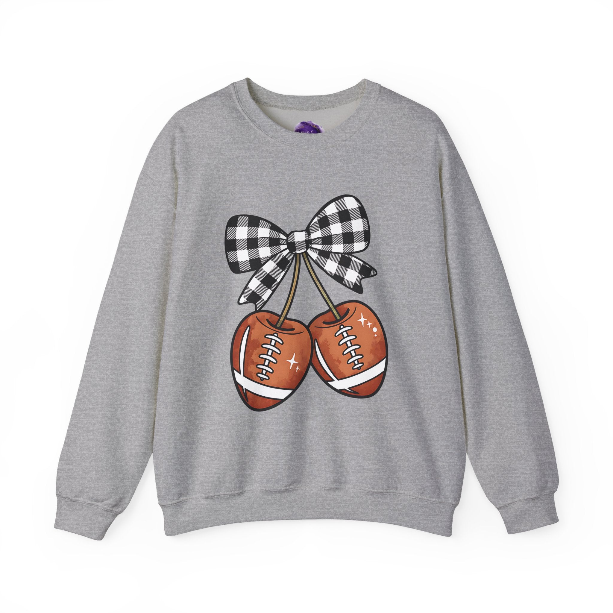 Checkered Coquette Bow, Football themed "Cherries", Unisex Crewneck Sweatshirt, Perfect for Game Days, Sports Fan Apparel, Cozy Sweatshirt Gift, Football
