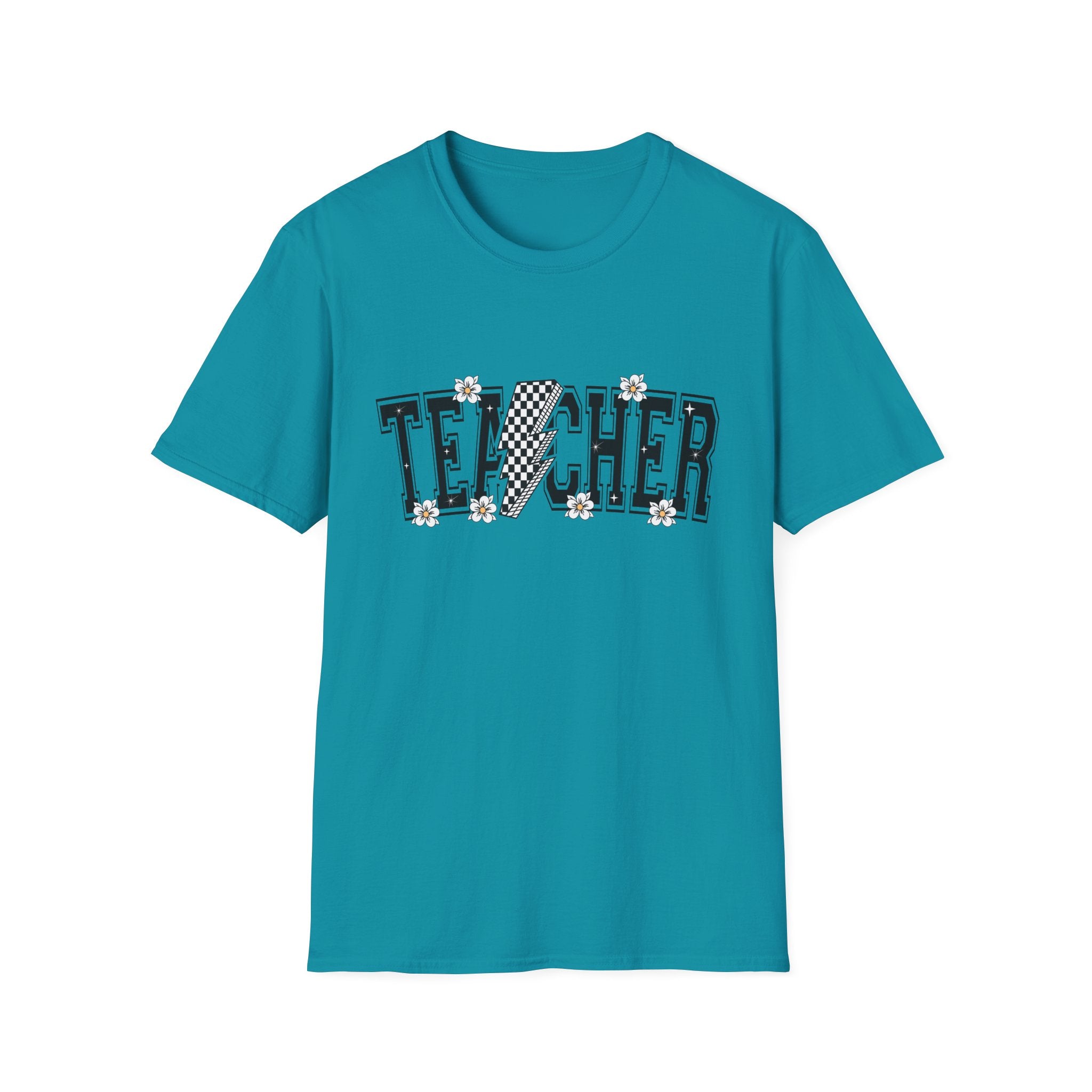 TEACHER  Unisex T-Shirt - lightning bolt, black and white checker, small flowers