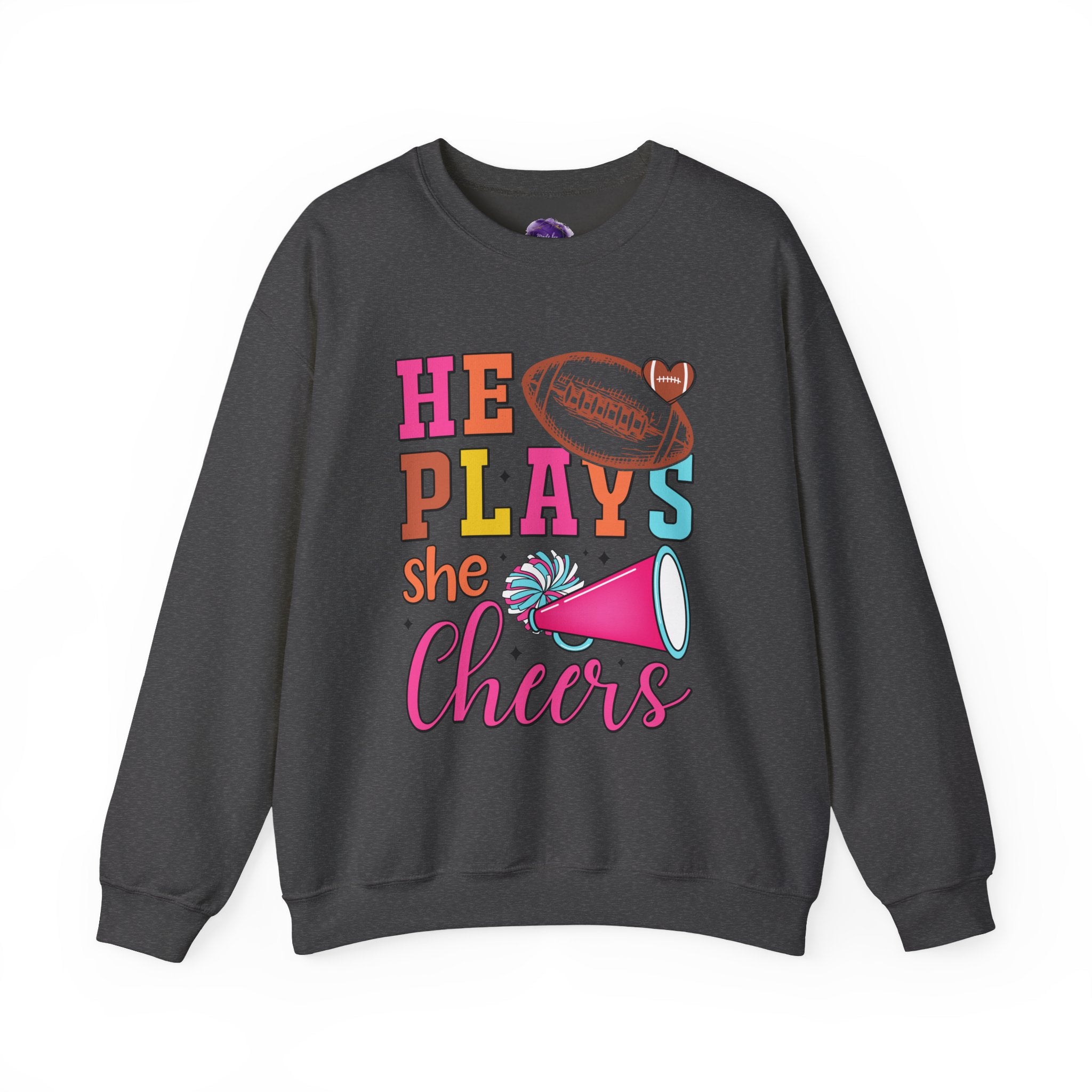 HE PLAYS, SHE CHEERS, Football/Cheer Mom or Dad Sweatshirt, Unisex Crewneck Sweatshirt, Perfect for Game Days, Sports Fan Apparel, Cozy Sweatshirt Gift, Football