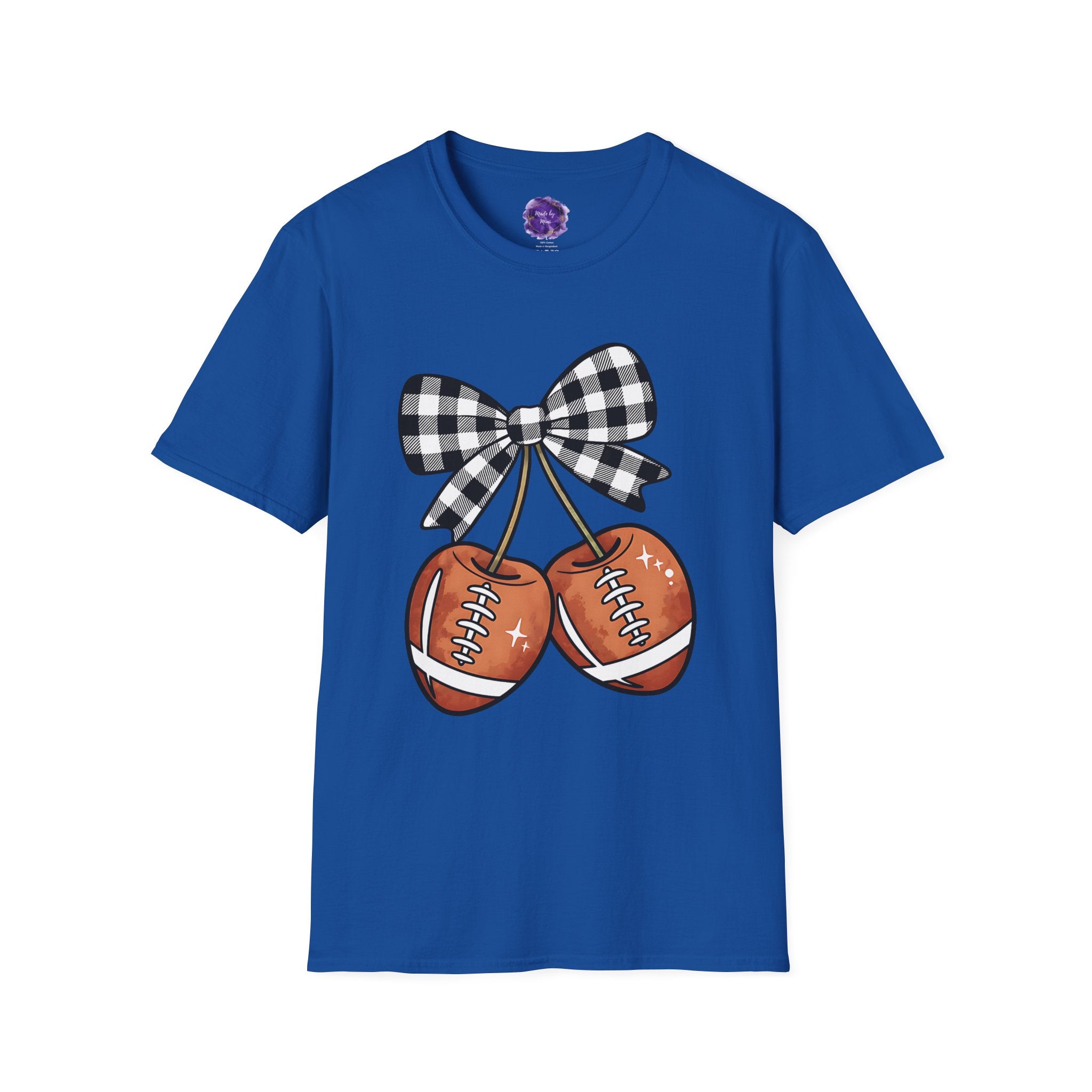 CHECKERED COQUETTE BOW Mom T-Shirt, Football themed "Cherries", Unisex Tee, Sporty Apparel for Game Day, Perfect for Football Moms, Great Gift Idea, Sports Fan Apparel