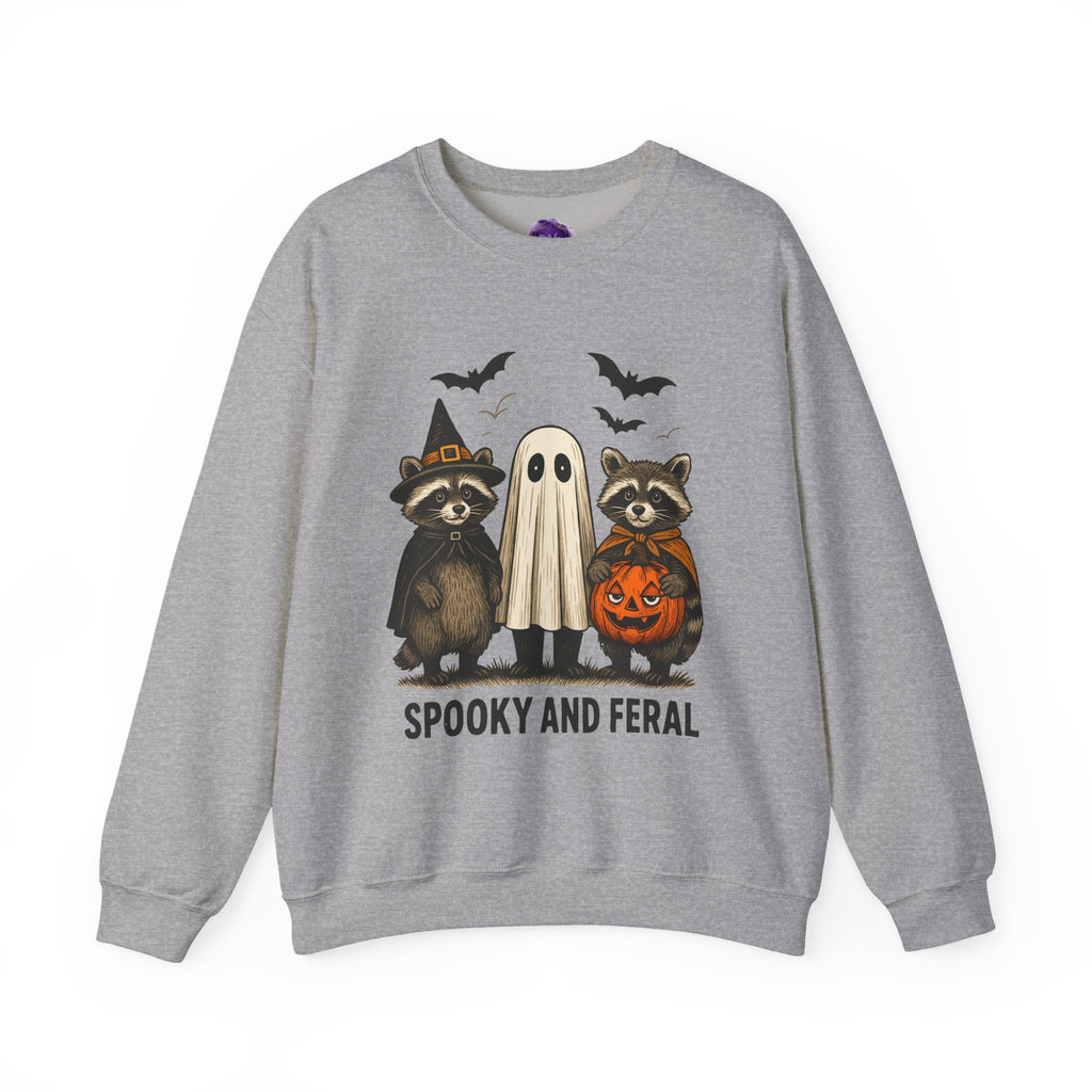 Spooky and Feral/ Raccoons in Costumes, Unisex Crewneck, Fall Fashion, Spooky Season Gift, Themed Clothing