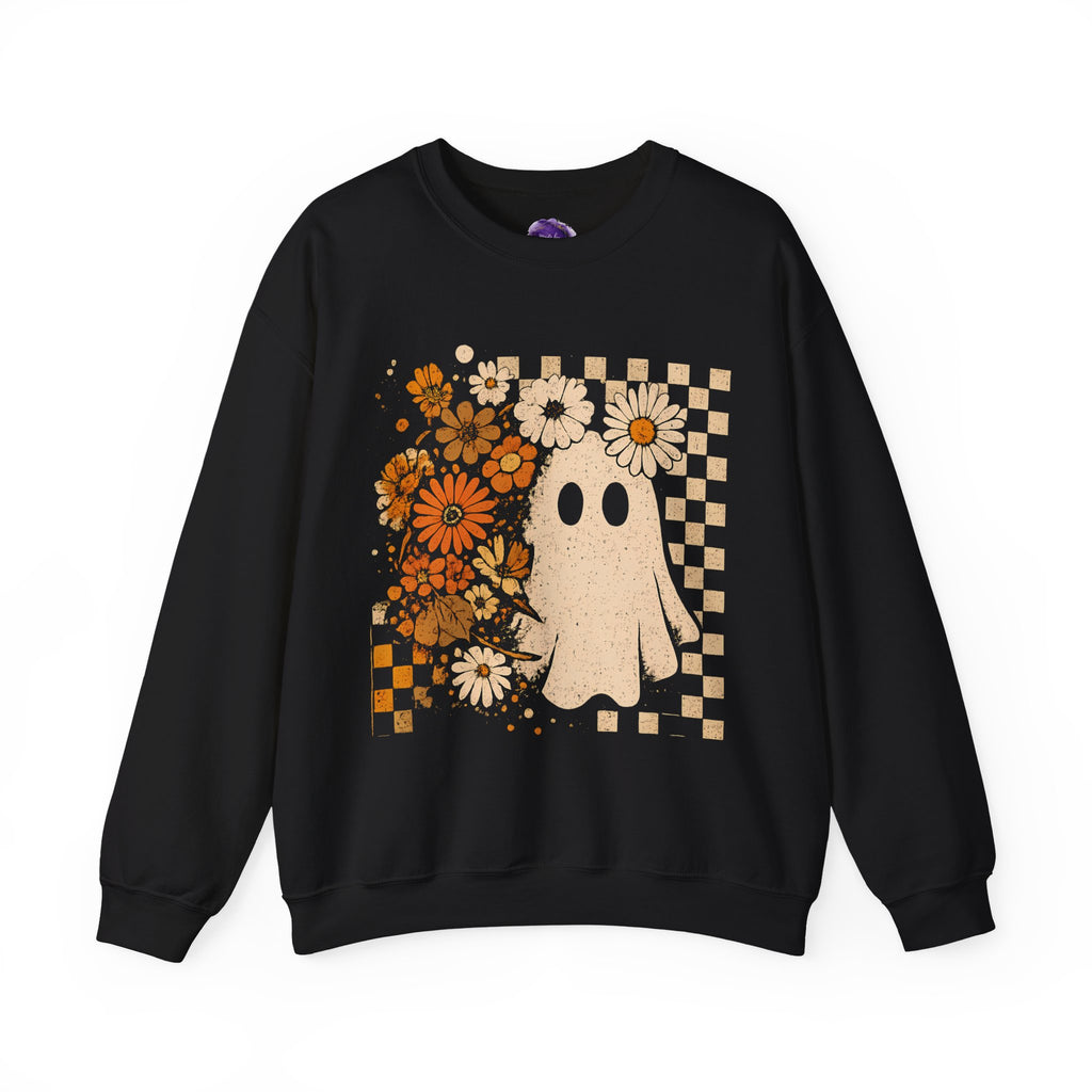 Ghost with flowers and Checkerboard background, Unisex Crewneck, Fall Fashion, Spooky Season Gift, Themed Clothing