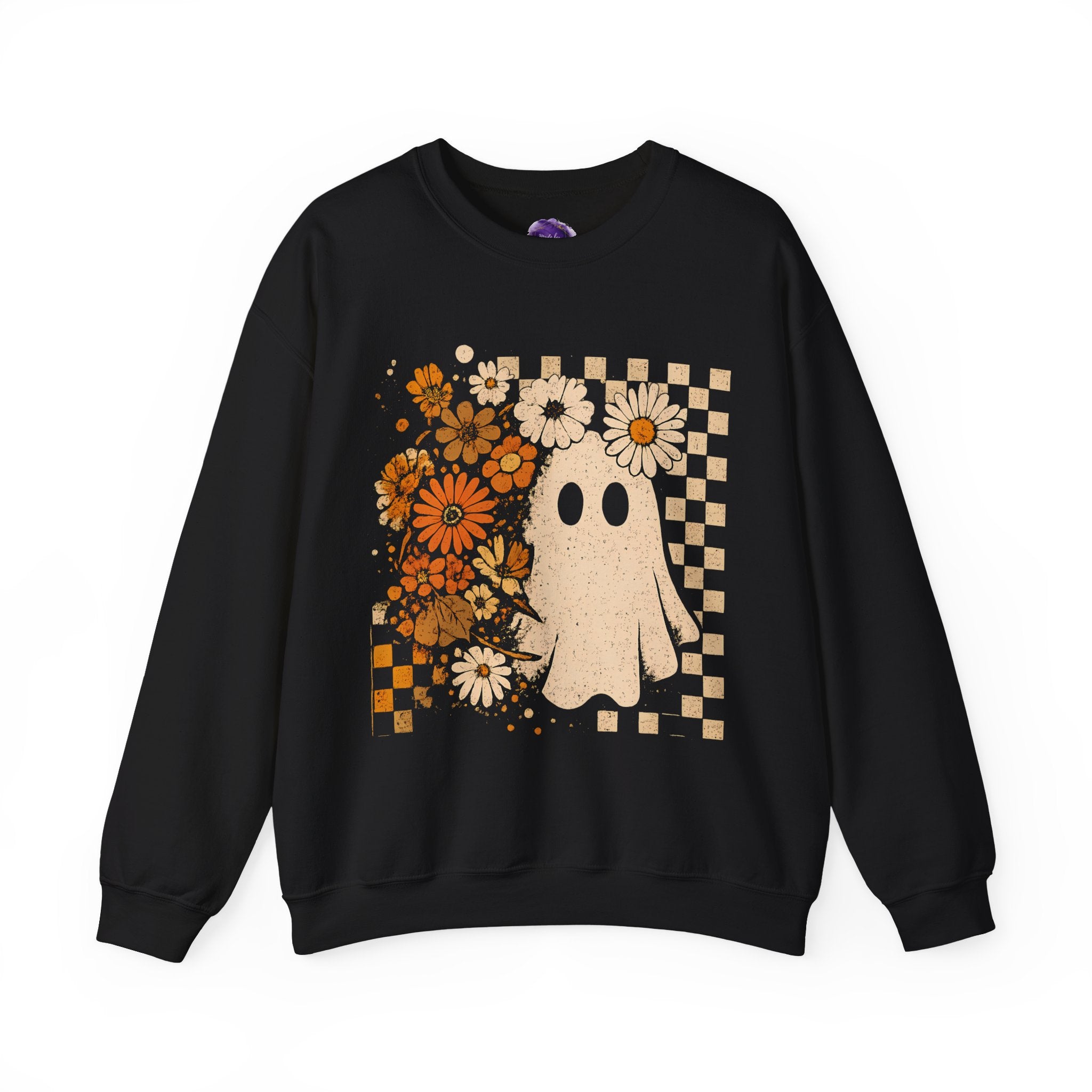 Ghost with flowers and Checkerboard background, Unisex Crewneck, Fall Fashion, Spooky Season Gift, Themed Clothing