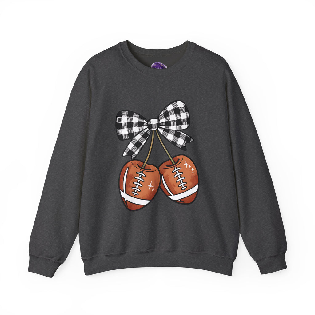 Checkered Coquette Bow, Football themed "Cherries", Unisex Crewneck Sweatshirt, Perfect for Game Days, Sports Fan Apparel, Cozy Sweatshirt Gift, Football
