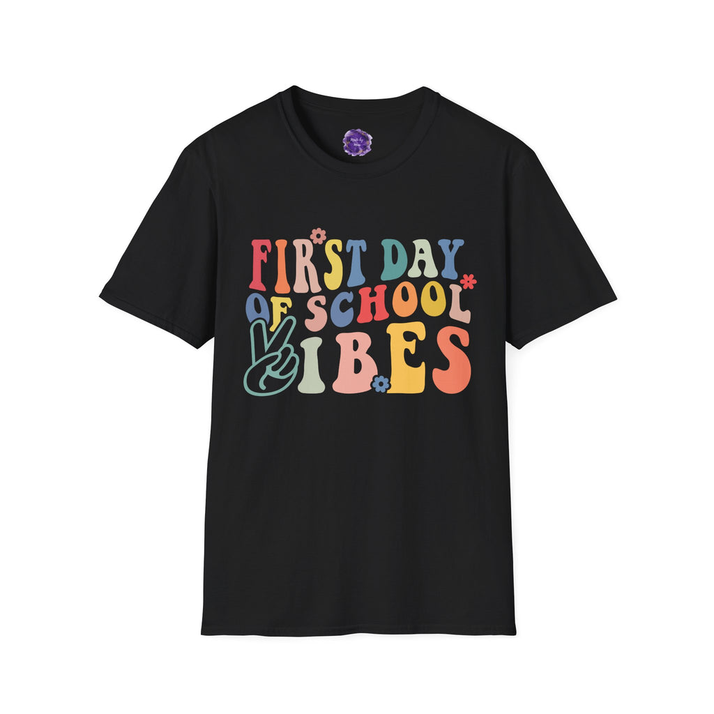 FIRST DAY OF SCHOOL VIBES, Unisex Softstyle Tee, Back-to-School Apparel, Adult