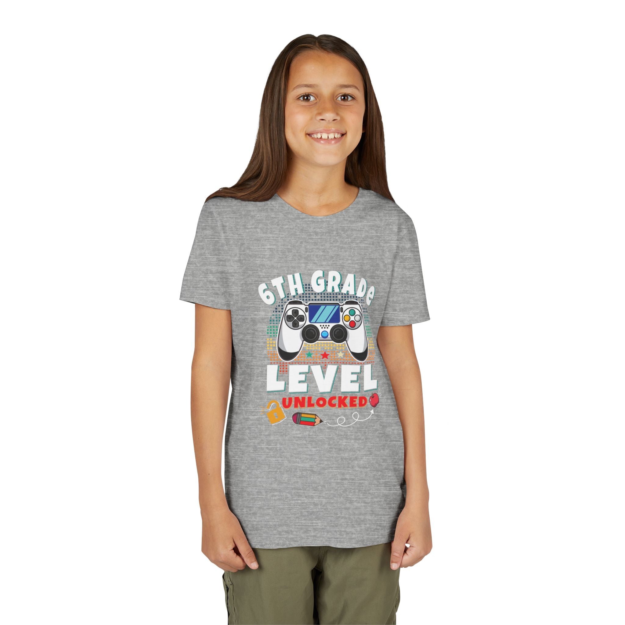 6th GRADE LEVEL UNLOCKED Youth Tee - Fun T-Shirt, Gaming Shirt, Kids Birthday Gift, Back to School, Video Game Lover
