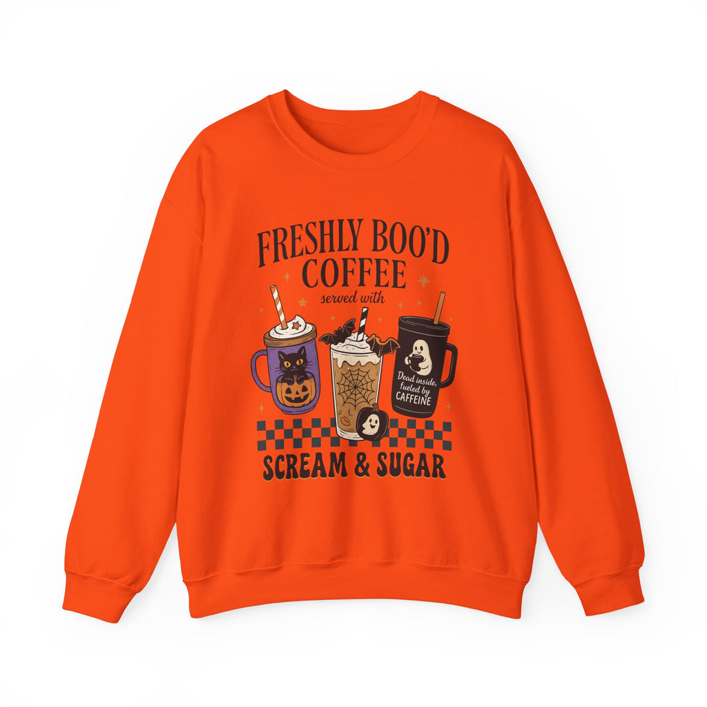 Freshly Boo'd Coffee, Spooky Coffee Sweatshirt, Halloween apparel, Unisex crewneck, Cozy gift, Fall fashion, Pumpkin spice lover