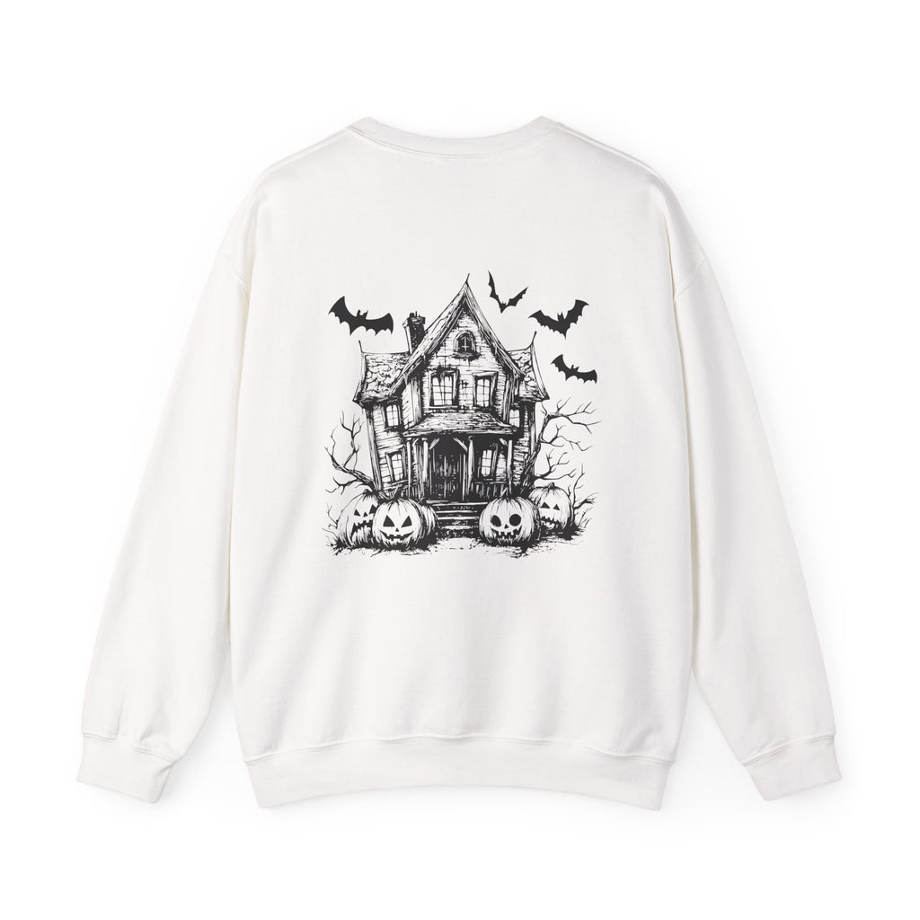 Spooky Season, Bats and Haunted House/ Halloween Sweatshirt, Ghosts, Pink Pumpkins and Flowers, Cozy Halloween Apparel, Unisex Crewneck, Fall Fashion, Spooky Season Gift, Themed Clothing