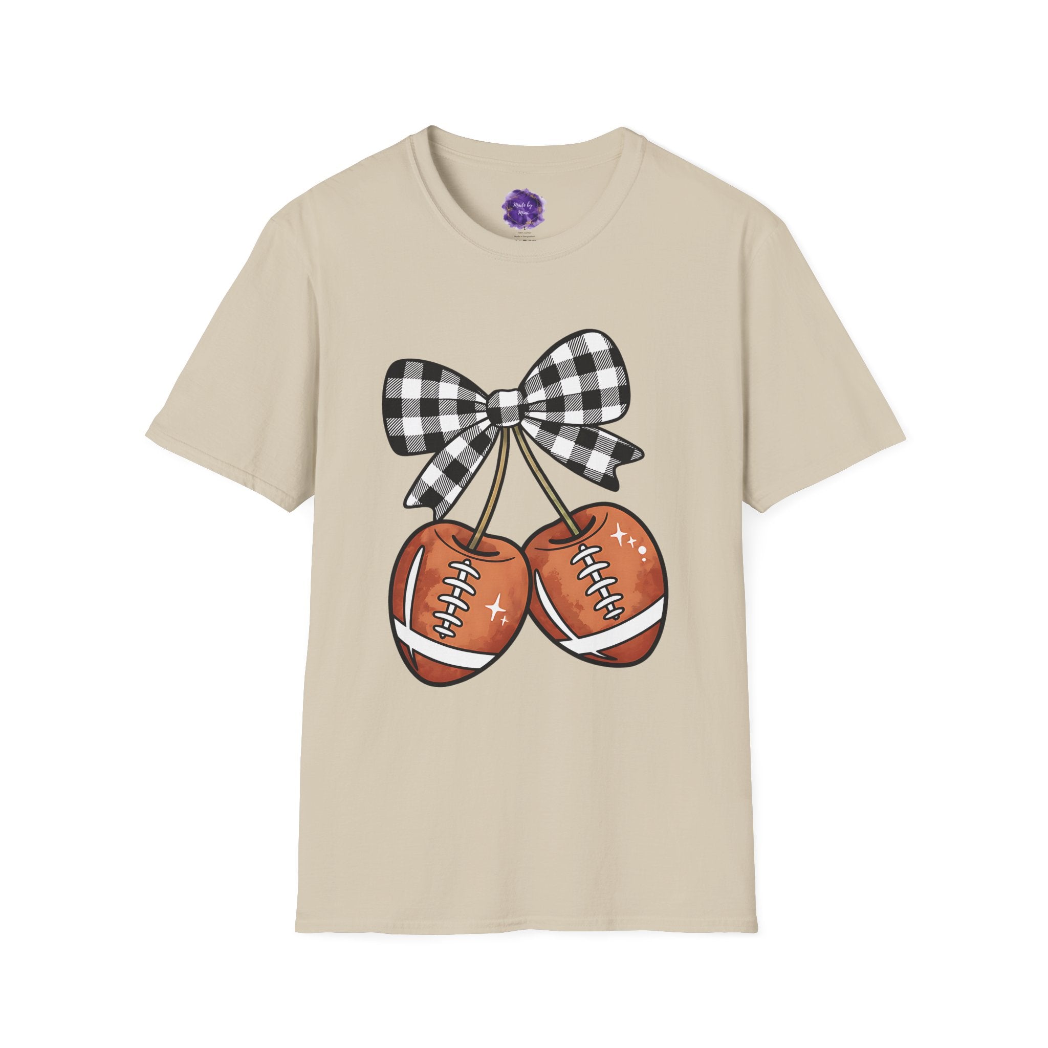 CHECKERED COQUETTE BOW Mom T-Shirt, Football themed "Cherries", Unisex Tee, Sporty Apparel for Game Day, Perfect for Football Moms, Great Gift Idea, Sports Fan Apparel