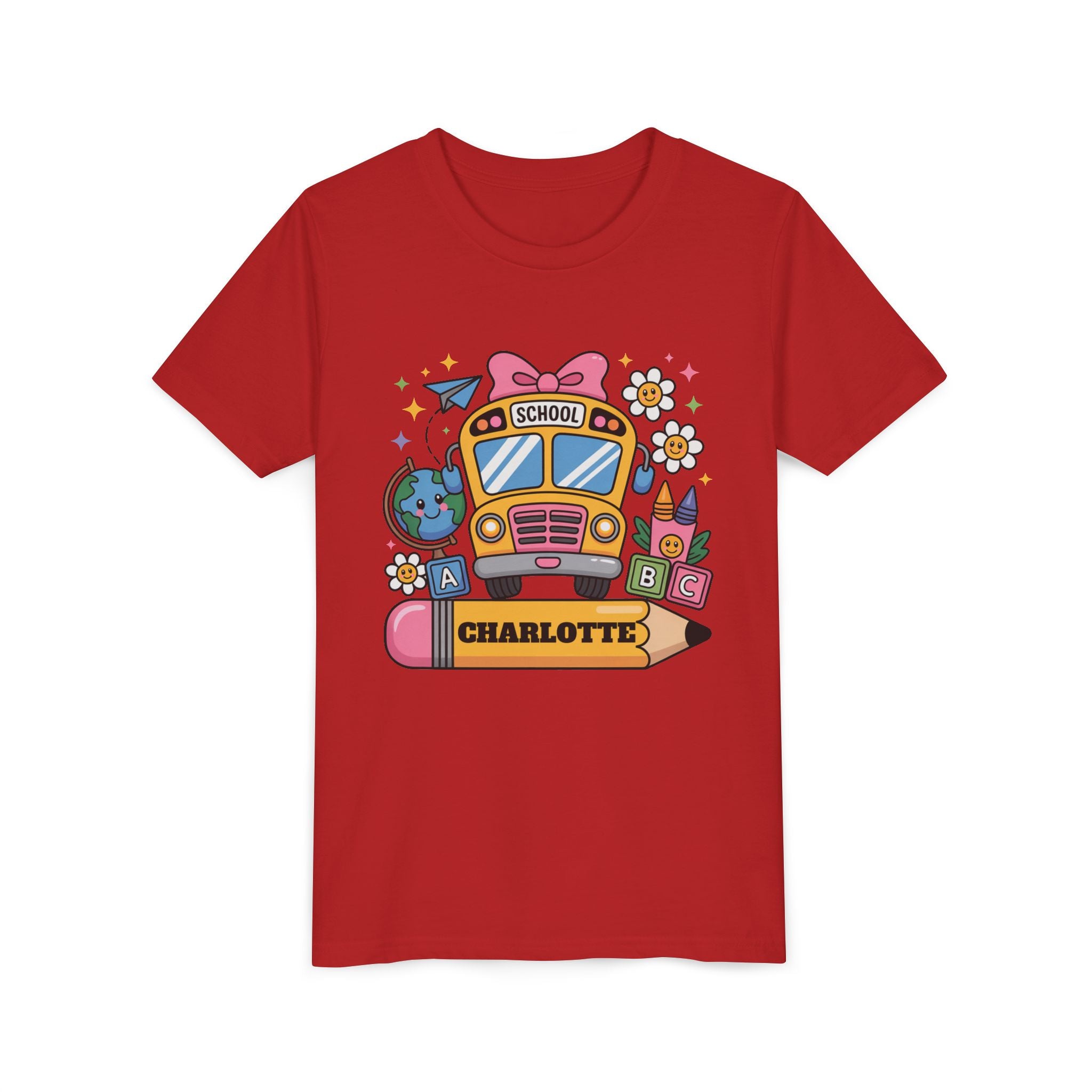 PERSONALIZED SCHOOL BUS youth tee, Fun Kids Shirt, Back to School Gift, Colorful Design, Custom Name Apparel, Children's Birthday Gift