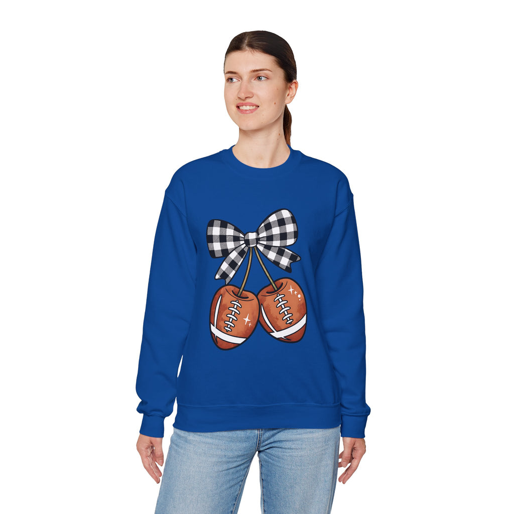 Checkered Coquette Bow, Football themed "Cherries", Unisex Crewneck Sweatshirt, Perfect for Game Days, Sports Fan Apparel, Cozy Sweatshirt Gift, Football