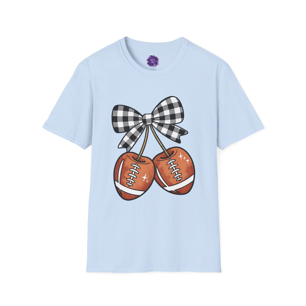 CHECKERED COQUETTE BOW Mom T-Shirt, Football themed "Cherries", Unisex Tee, Sporty Apparel for Game Day, Perfect for Football Moms, Great Gift Idea, Sports Fan Apparel