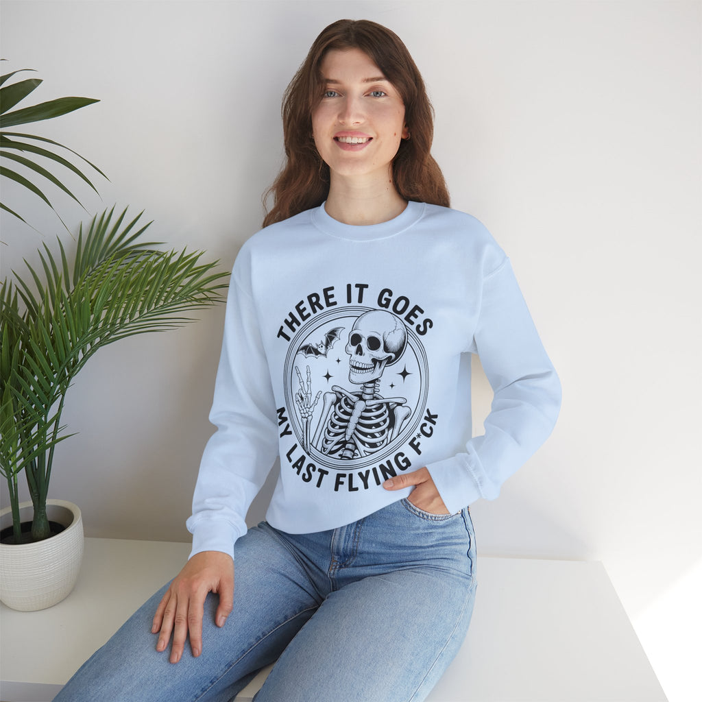 Skeleton/ There goes my last flying F*ck/Spooky Season, Halloween Sweatshirt, Cozy Halloween Apparel, Unisex Crewneck, Fall Fashion, Spooky Season Gift, Themed Clothing