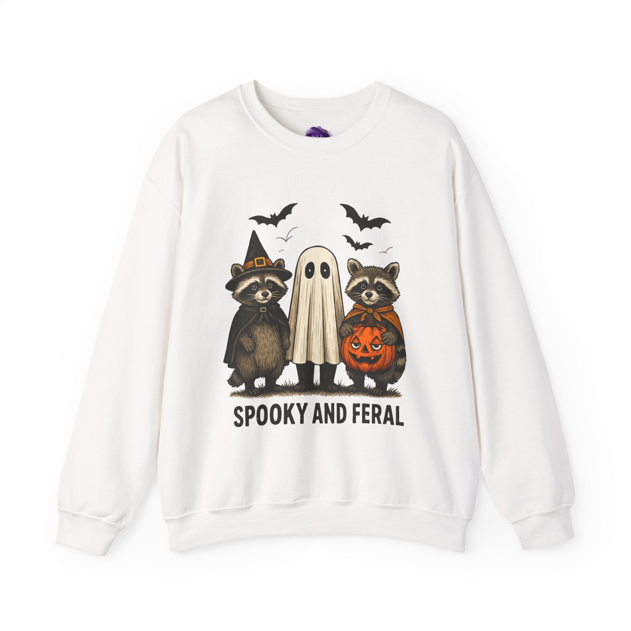 Spooky and Feral/ Raccoons in Costumes, Unisex Crewneck, Fall Fashion, Spooky Season Gift, Themed Clothing
