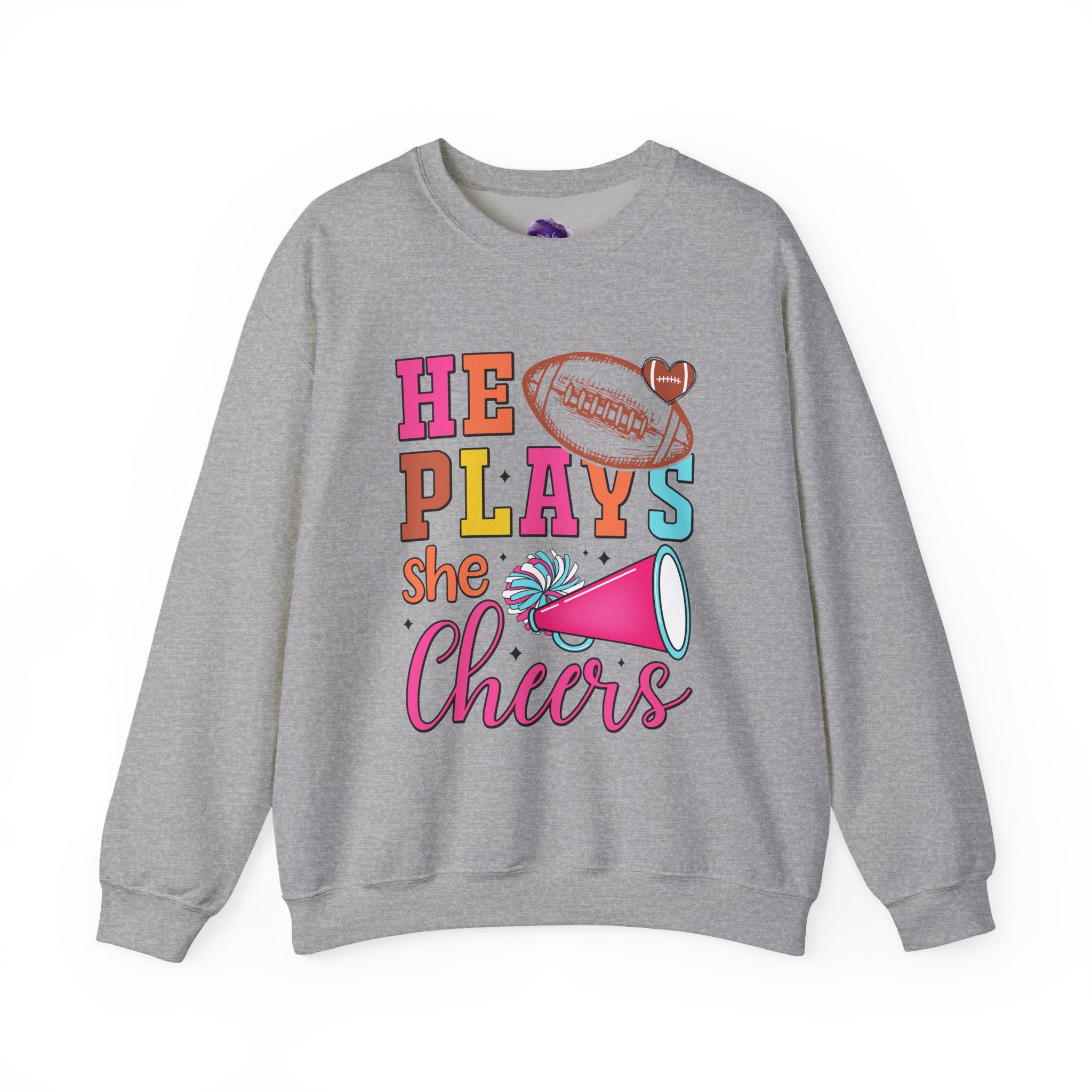 HE PLAYS, SHE CHEERS, Football/Cheer Mom or Dad Sweatshirt, Unisex Crewneck Sweatshirt, Perfect for Game Days, Sports Fan Apparel, Cozy Sweatshirt Gift, Football