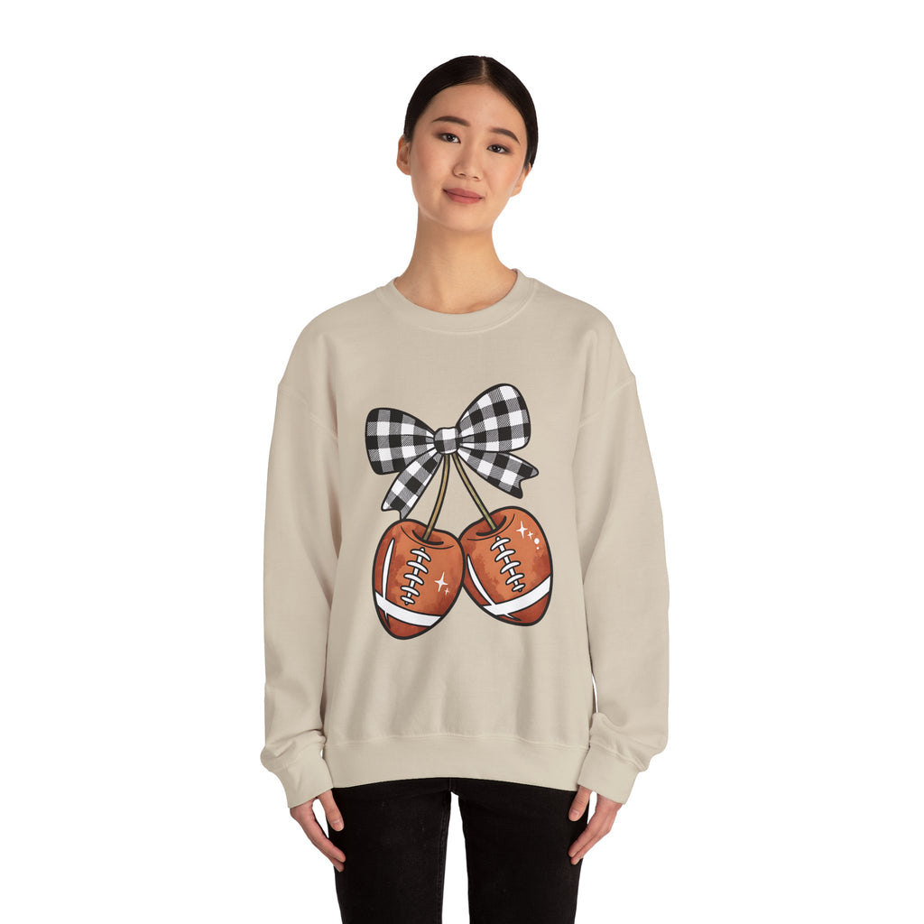 Checkered Coquette Bow, Football themed "Cherries", Unisex Crewneck Sweatshirt, Perfect for Game Days, Sports Fan Apparel, Cozy Sweatshirt Gift, Football
