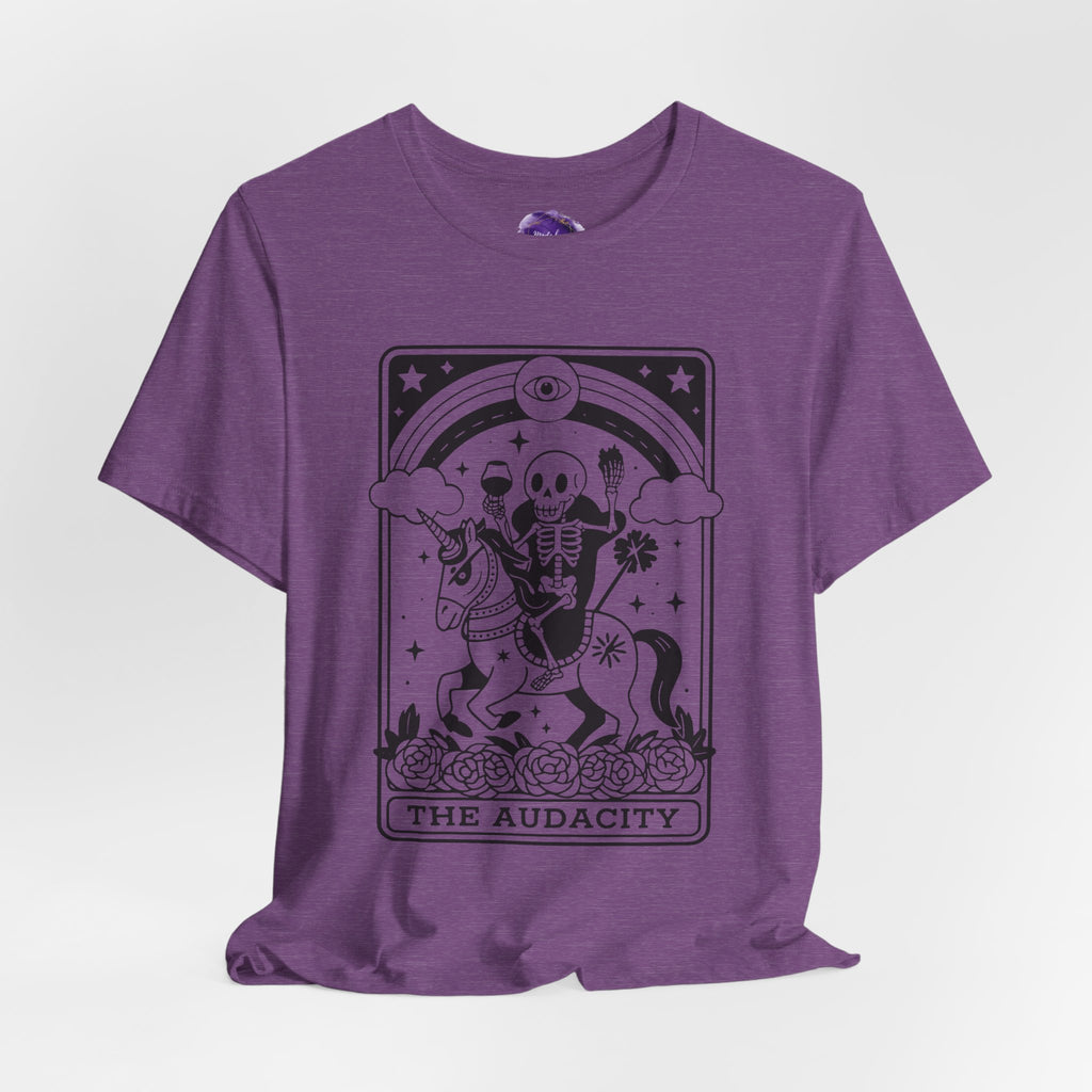 THE AUDACITY, Tarot card, Skeleton Unicorn Tee: The Audacity, Fun Graphic Tee, Unisex Fashion, Casual Outfit, Gift for Halloween, Unique T-Shirt