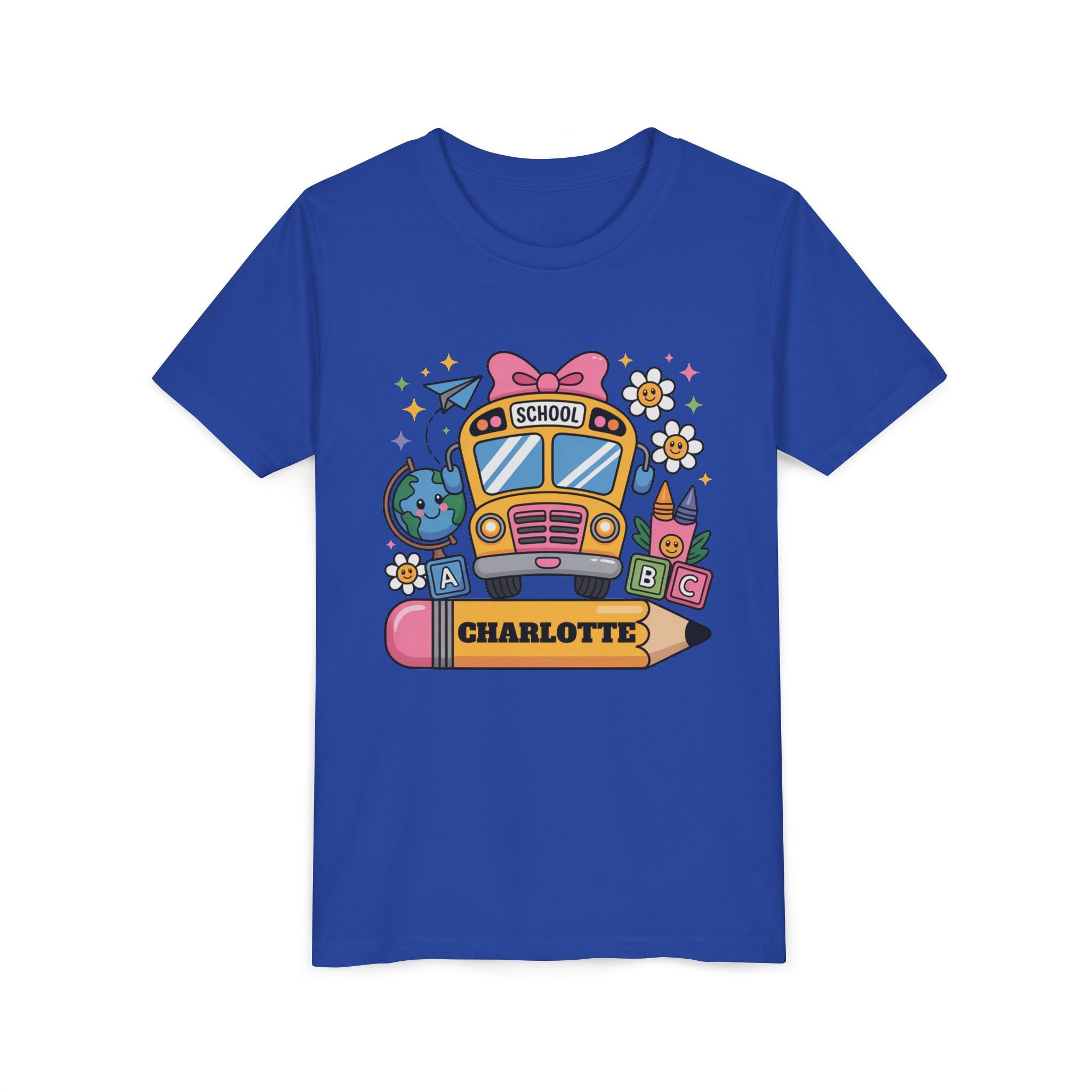 PERSONALIZED SCHOOL BUS youth tee, Fun Kids Shirt, Back to School Gift, Colorful Design, Custom Name Apparel, Children's Birthday Gift