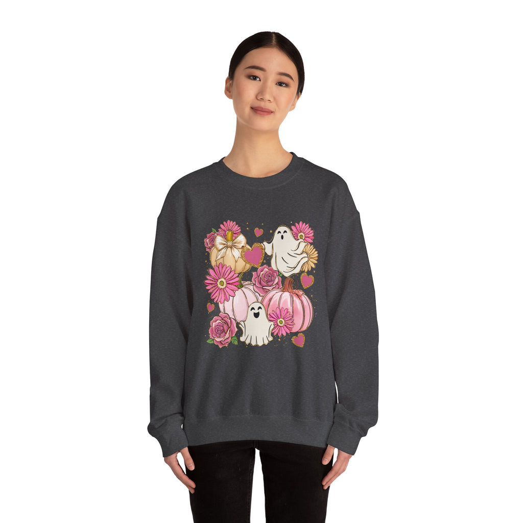 Halloween Sweatshirt, Ghosts, Pink Pumpkins and Flowers, Cozy Halloween Apparel, Unisex Crewneck, Fall Fashion, Spooky Season Gift, Themed Clothing