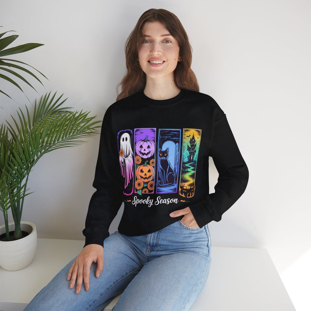 Spooky Season, Halloween Sweatshirt, Ghosts, Pink Pumpkins and Flowers, Cozy Halloween Apparel, Unisex Crewneck, Fall Fashion, Spooky Season Gift, Themed Clothing