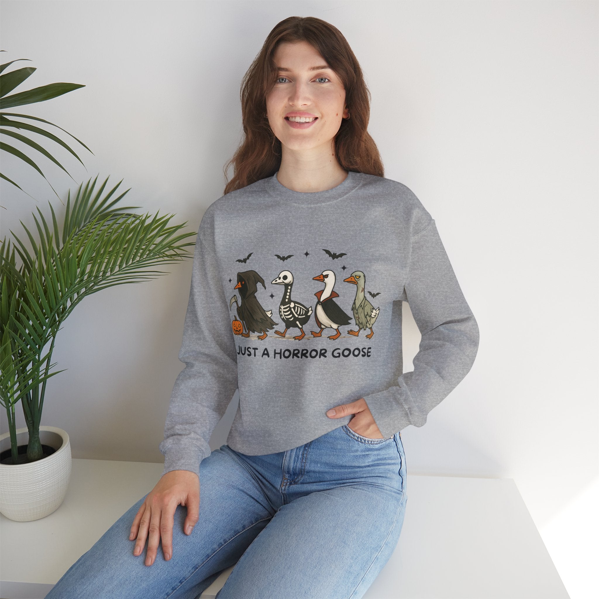 Just a Horror Goose/ Halloween Sweatshirt, Cozy Halloween Apparel, Unisex Crewneck, Fall Fashion, Spooky Season Gift, Themed Clothing
