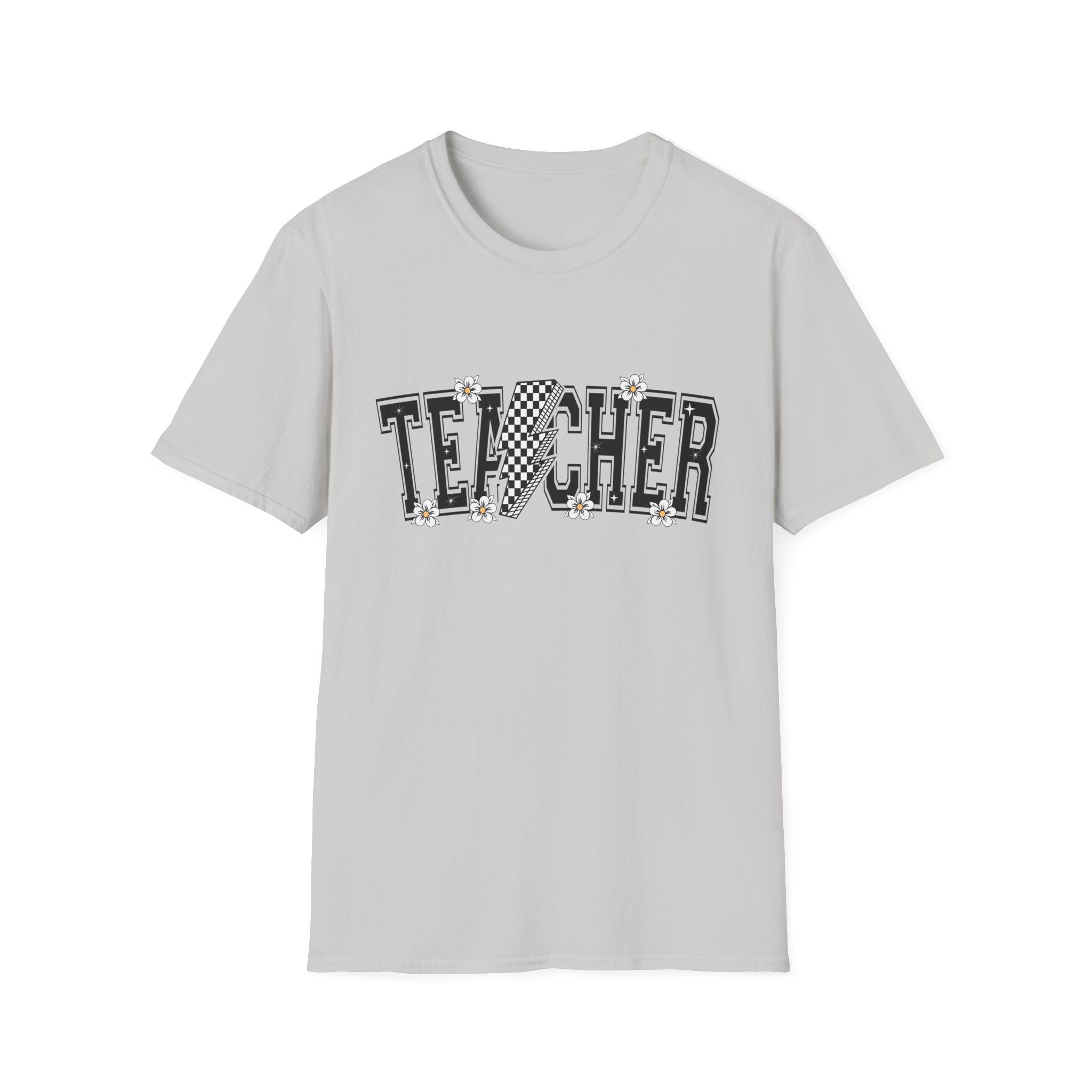 TEACHER  Unisex T-Shirt - lightning bolt, black and white checker, small flowers