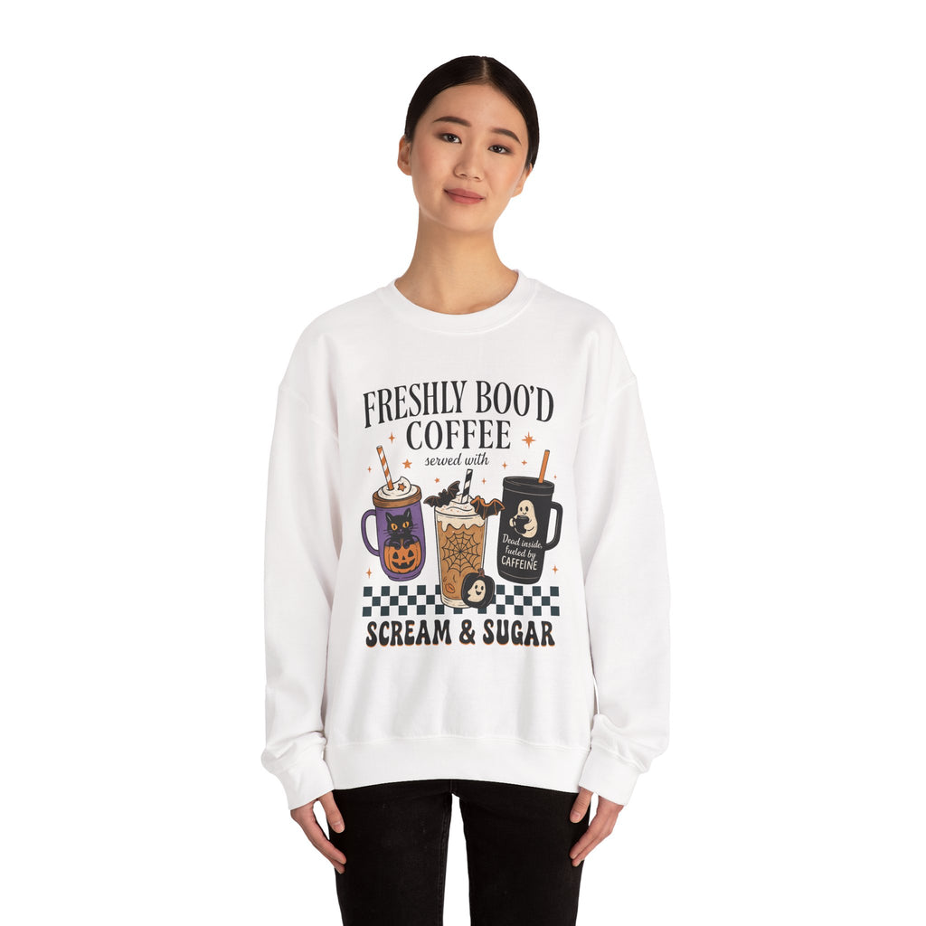 Freshly Boo'd Coffee, Spooky Coffee Sweatshirt, Halloween apparel, Unisex crewneck, Cozy gift, Fall fashion, Pumpkin spice lover