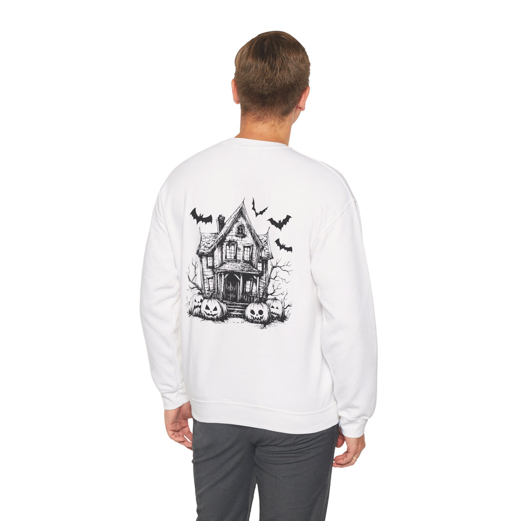Spooky Season, Bats and Haunted House/ Halloween Sweatshirt, Ghosts, Pink Pumpkins and Flowers, Cozy Halloween Apparel, Unisex Crewneck, Fall Fashion, Spooky Season Gift, Themed Clothing