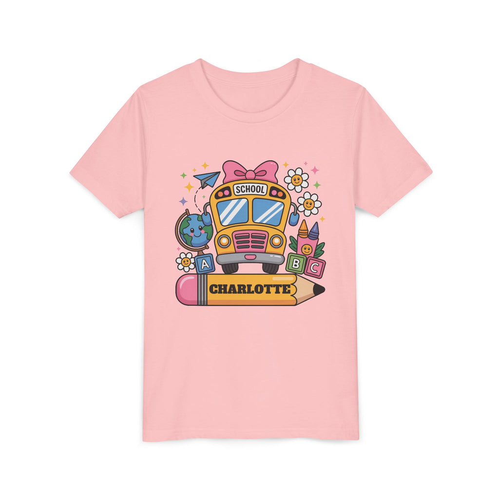 PERSONALIZED SCHOOL BUS youth tee, Fun Kids Shirt, Back to School Gift, Colorful Design, Custom Name Apparel, Children's Birthday Gift