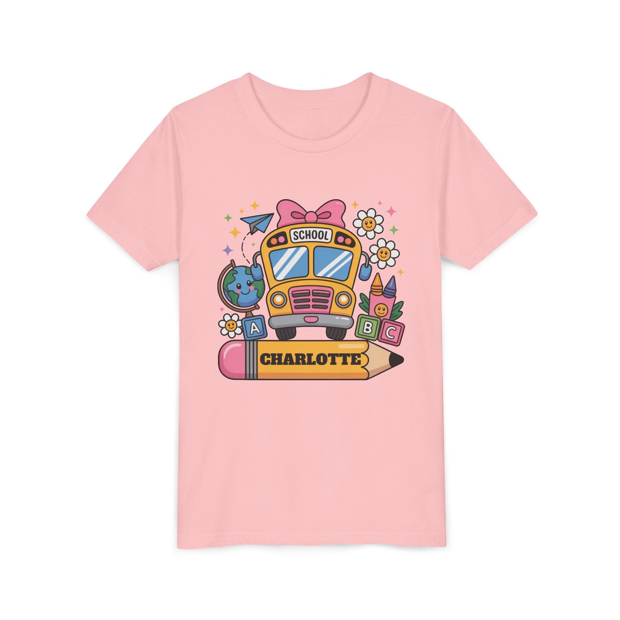 PERSONALIZED SCHOOL BUS youth tee, Fun Kids Shirt, Back to School Gift, Colorful Design, Custom Name Apparel, Children's Birthday Gift