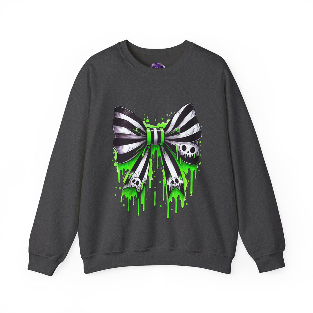 Bow with Skulls, Halloween Sweatshirt, Ghosts, Pink Pumpkins and Flowers, Cozy Halloween Apparel, Unisex Crewneck, Fall Fashion, Spooky Season Gift, Themed Clothing