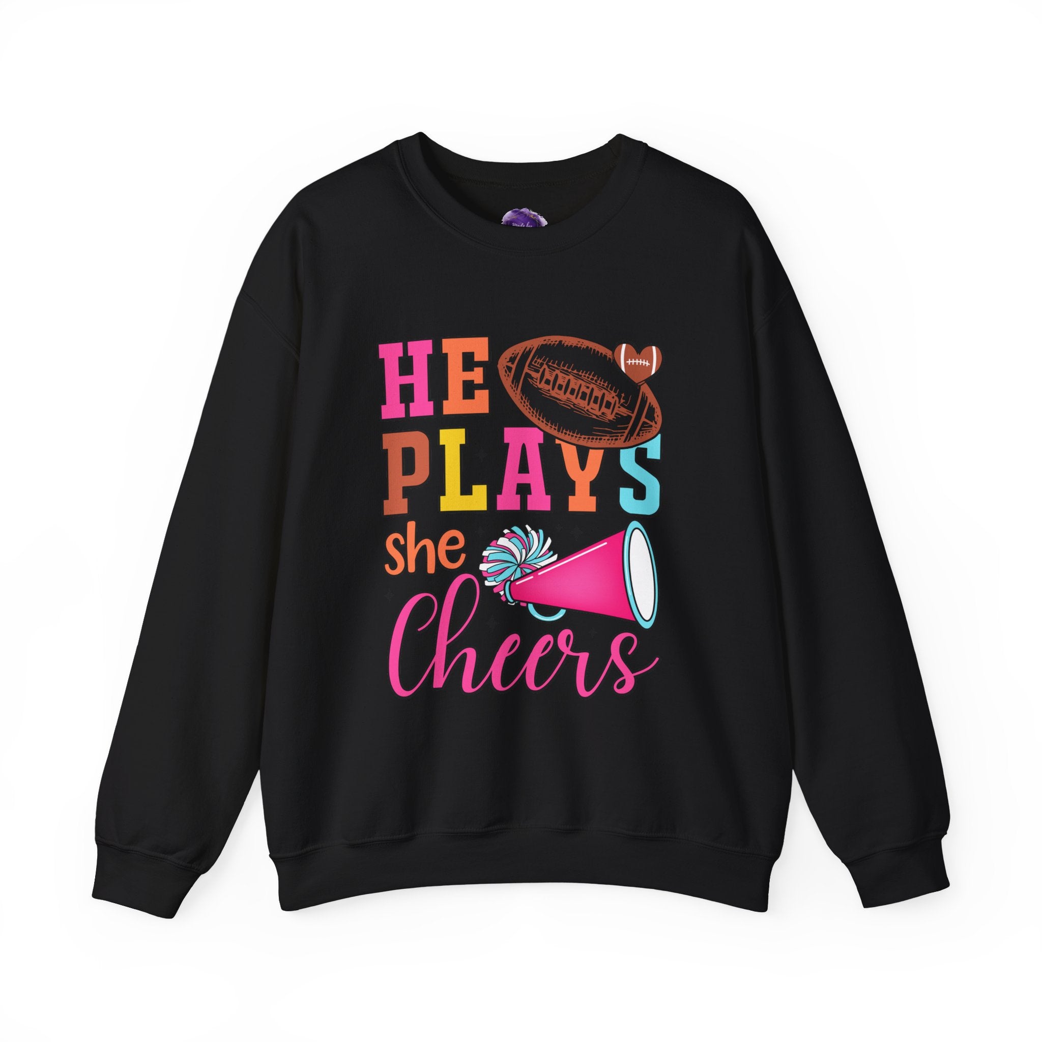 HE PLAYS, SHE CHEERS, Football/Cheer Mom or Dad Sweatshirt, Unisex Crewneck Sweatshirt, Perfect for Game Days, Sports Fan Apparel, Cozy Sweatshirt Gift, Football