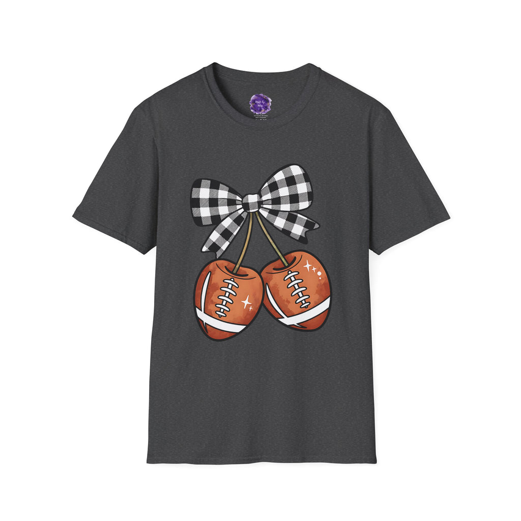 CHECKERED COQUETTE BOW Mom T-Shirt, Football themed "Cherries", Unisex Tee, Sporty Apparel for Game Day, Perfect for Football Moms, Great Gift Idea, Sports Fan Apparel