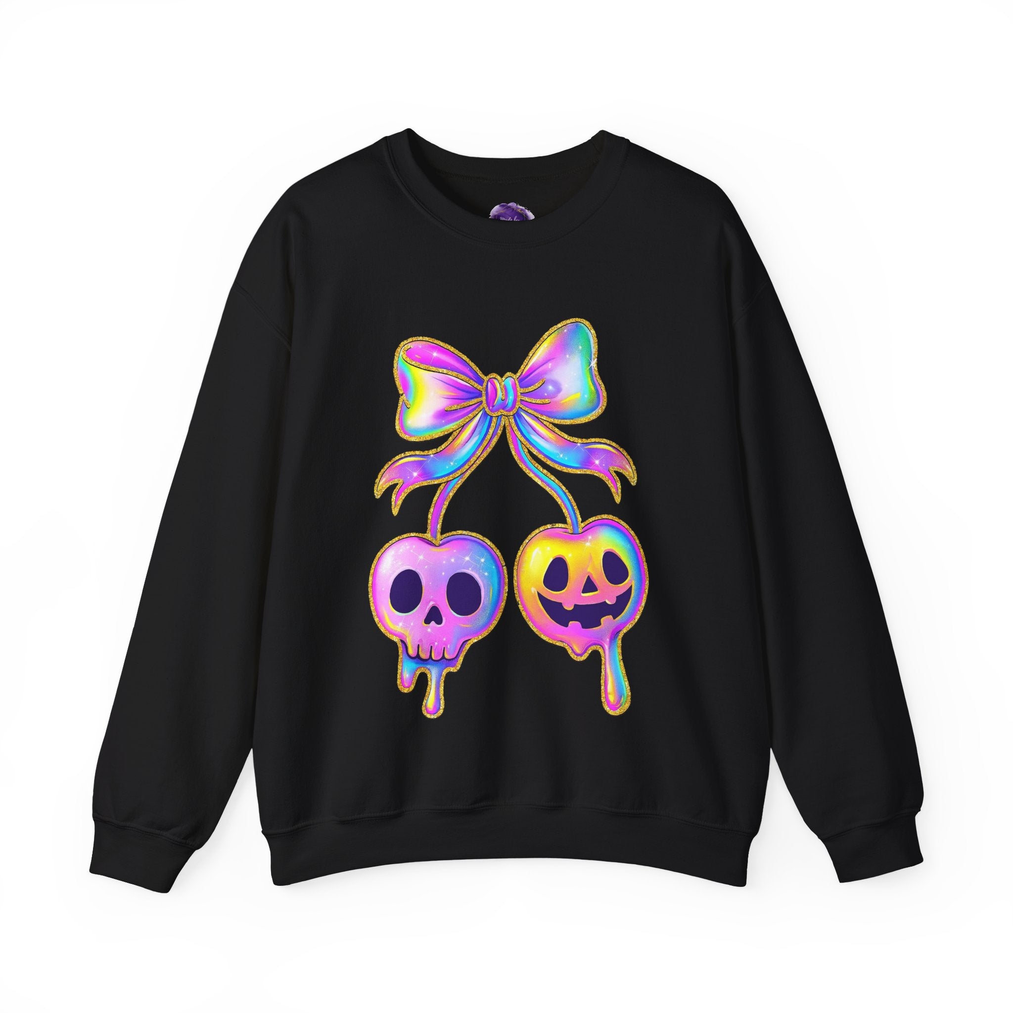 Bow with Skull and Pumpkin, Halloween Sweatshirt, Ghosts, Pink Pumpkins and Flowers, Cozy Halloween Apparel, Unisex Crewneck, Fall Fashion, Spooky Season Gift, Themed Clothing