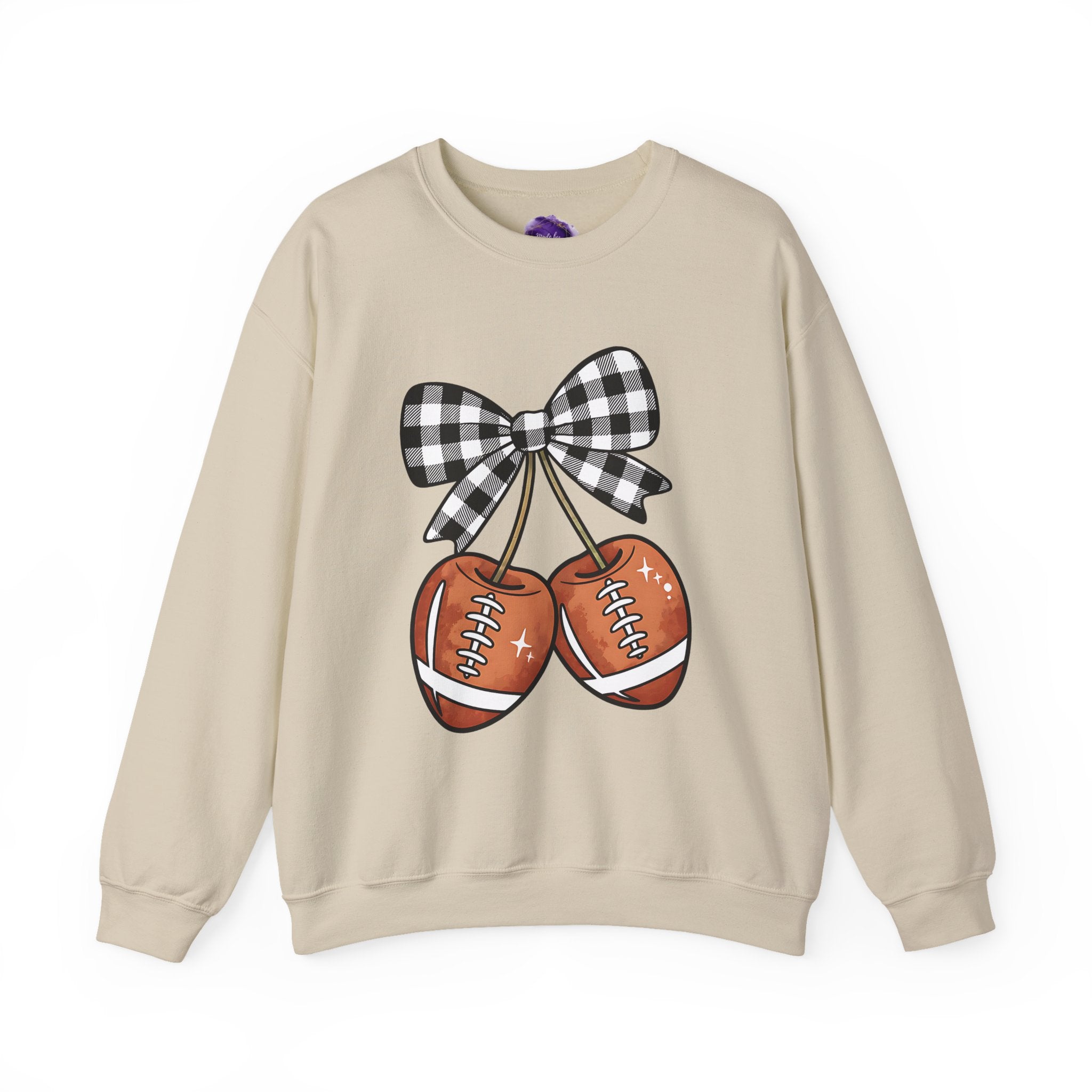 Checkered Coquette Bow, Football themed "Cherries", Unisex Crewneck Sweatshirt, Perfect for Game Days, Sports Fan Apparel, Cozy Sweatshirt Gift, Football