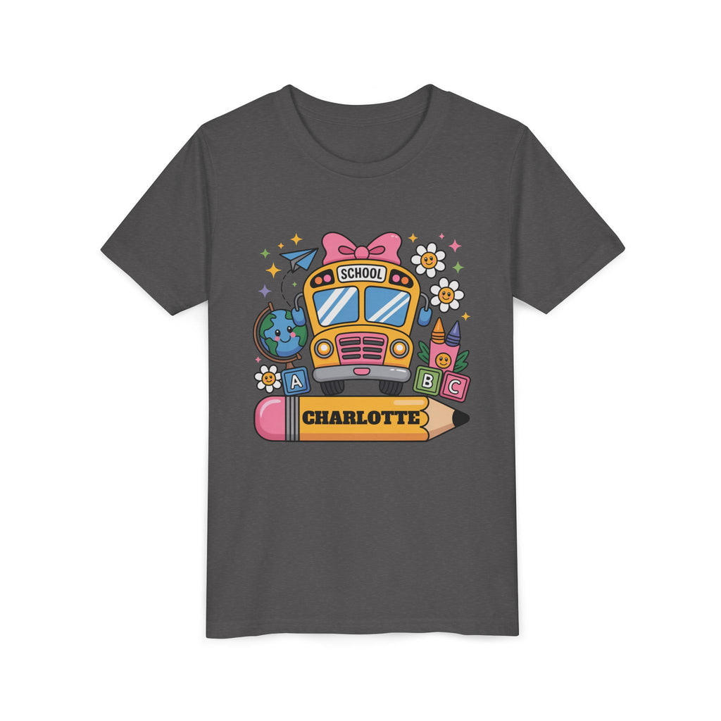 PERSONALIZED SCHOOL BUS youth tee, Fun Kids Shirt, Back to School Gift, Colorful Design, Custom Name Apparel, Children's Birthday Gift