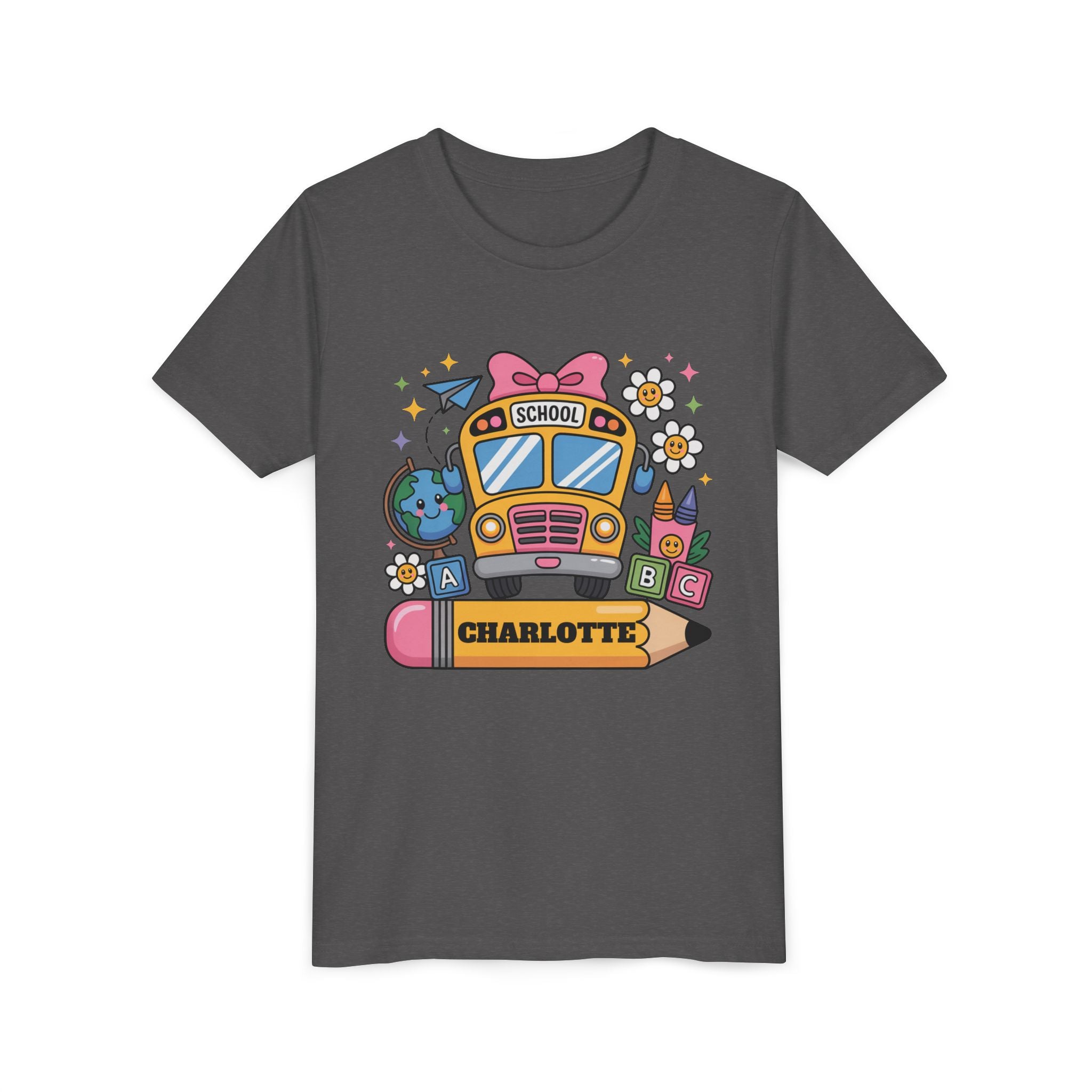 PERSONALIZED SCHOOL BUS youth tee, Fun Kids Shirt, Back to School Gift, Colorful Design, Custom Name Apparel, Children's Birthday Gift