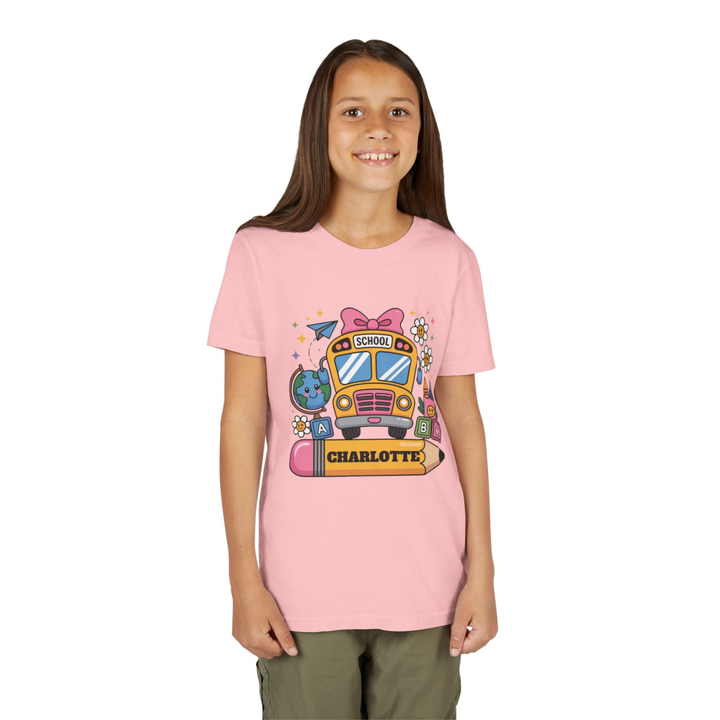 PERSONALIZED SCHOOL BUS youth tee, Fun Kids Shirt, Back to School Gift, Colorful Design, Custom Name Apparel, Children's Birthday Gift