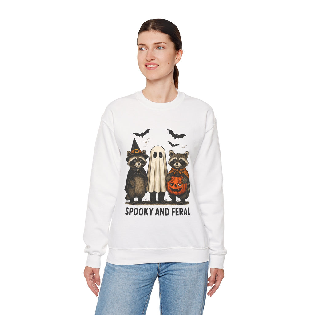 Spooky and Feral/ Raccoons in Costumes, Unisex Crewneck, Fall Fashion, Spooky Season Gift, Themed Clothing