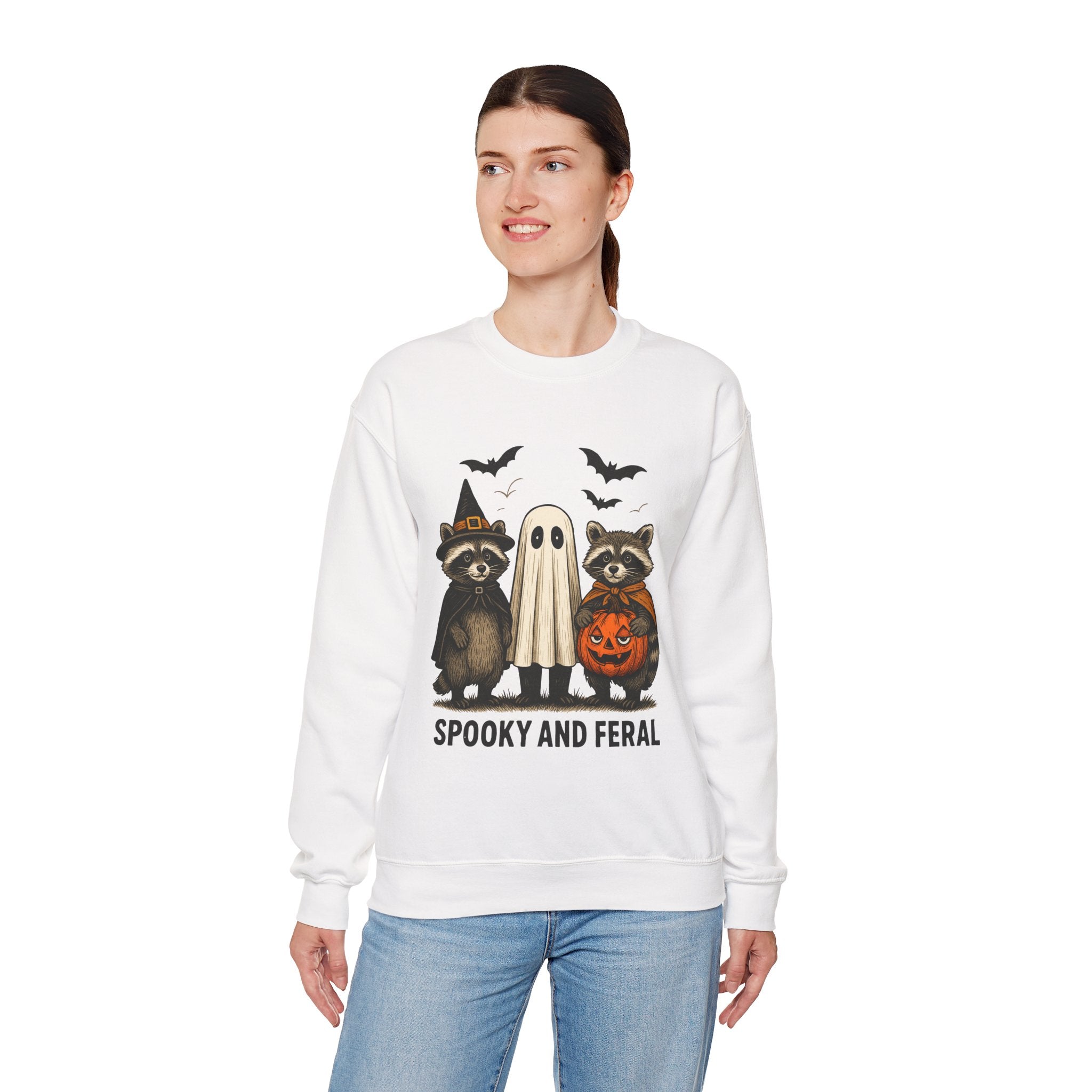 Spooky and Feral/ Raccoons in Costumes, Unisex Crewneck, Fall Fashion, Spooky Season Gift, Themed Clothing